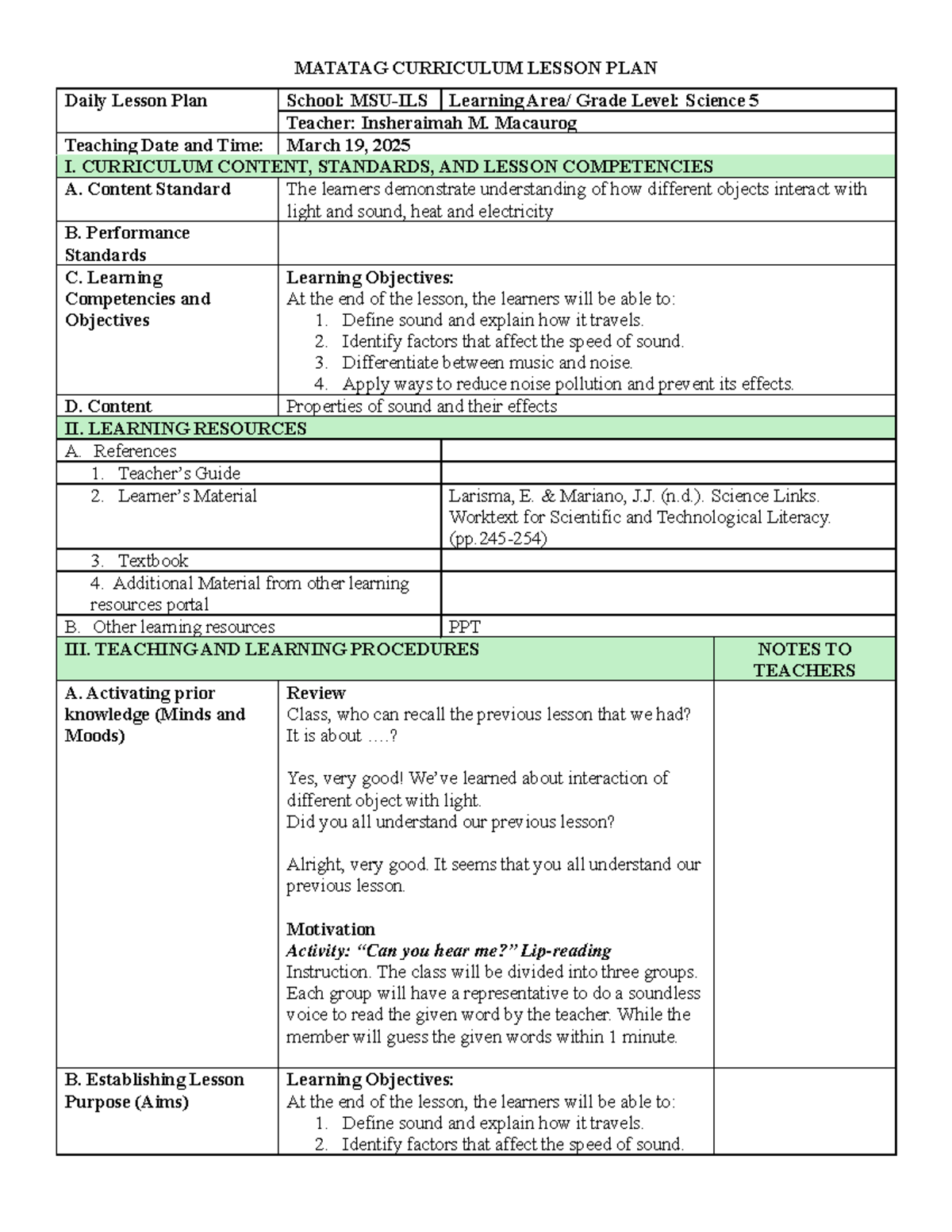 Pre-demo2 Science - MATATAG CURRICULUM LESSON PLAN Daily Lesson Plan ...