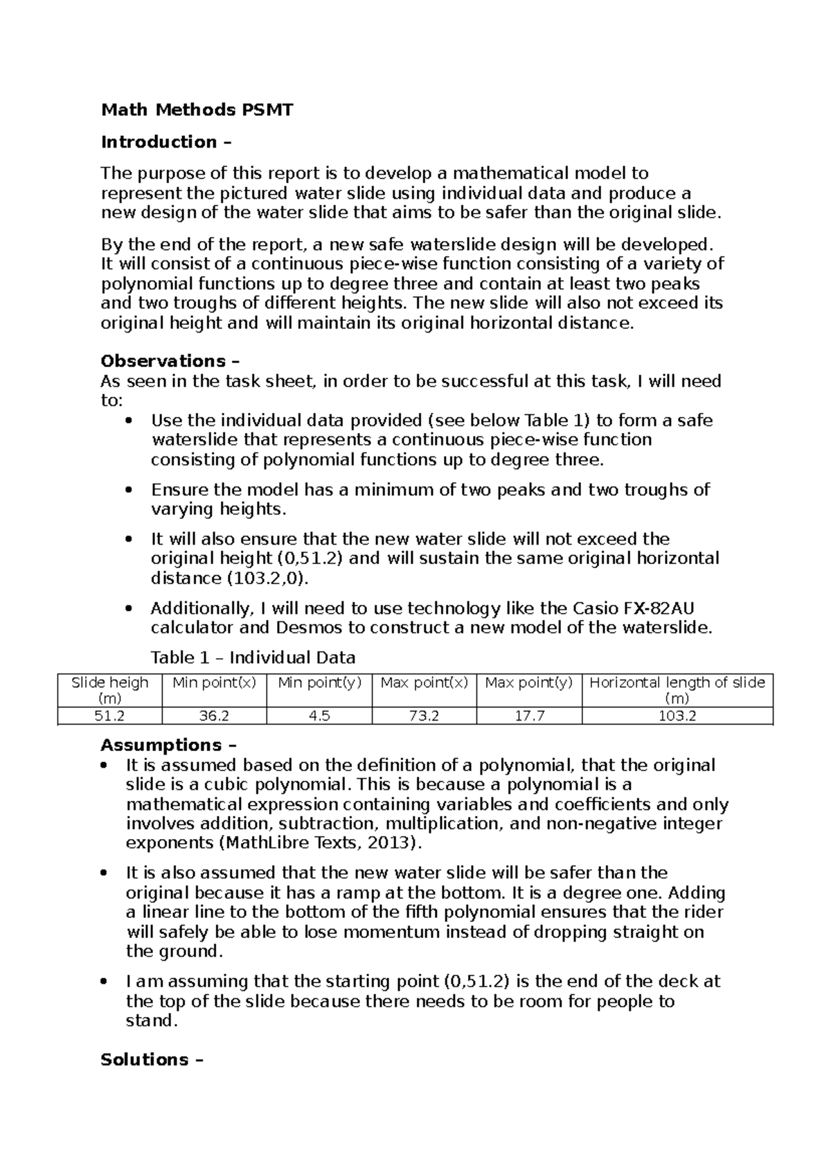 Math Methods FA1 - Safe Waterslide Model Report and Analysis - Studocu