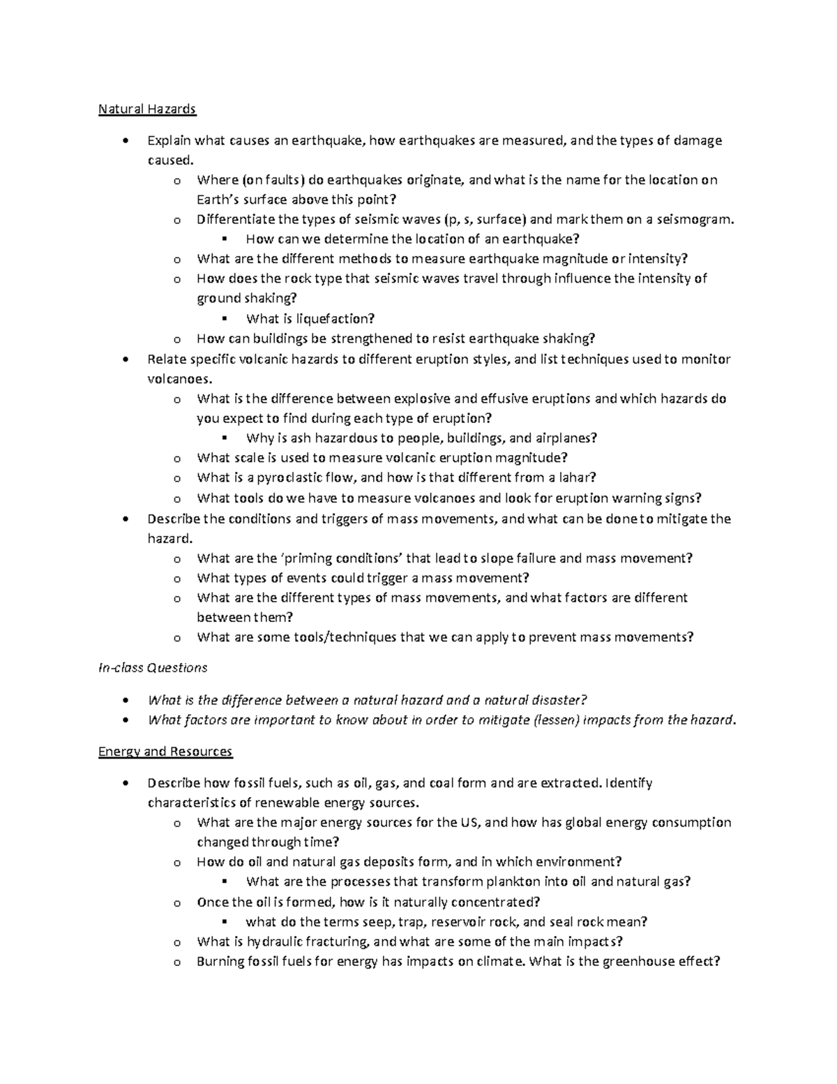 Natural Hazards and Energy Resources Final Exam Study Guide - Studocu