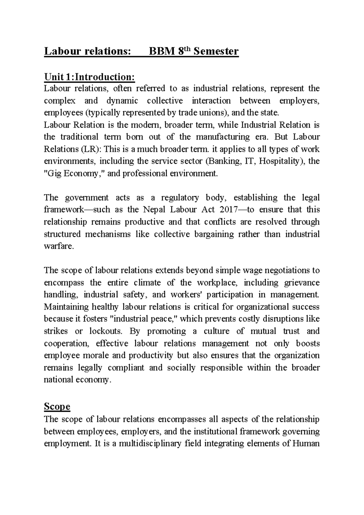 Labour Relations Overview: BBM 8th Semester Unit 1 Insights - Studocu
