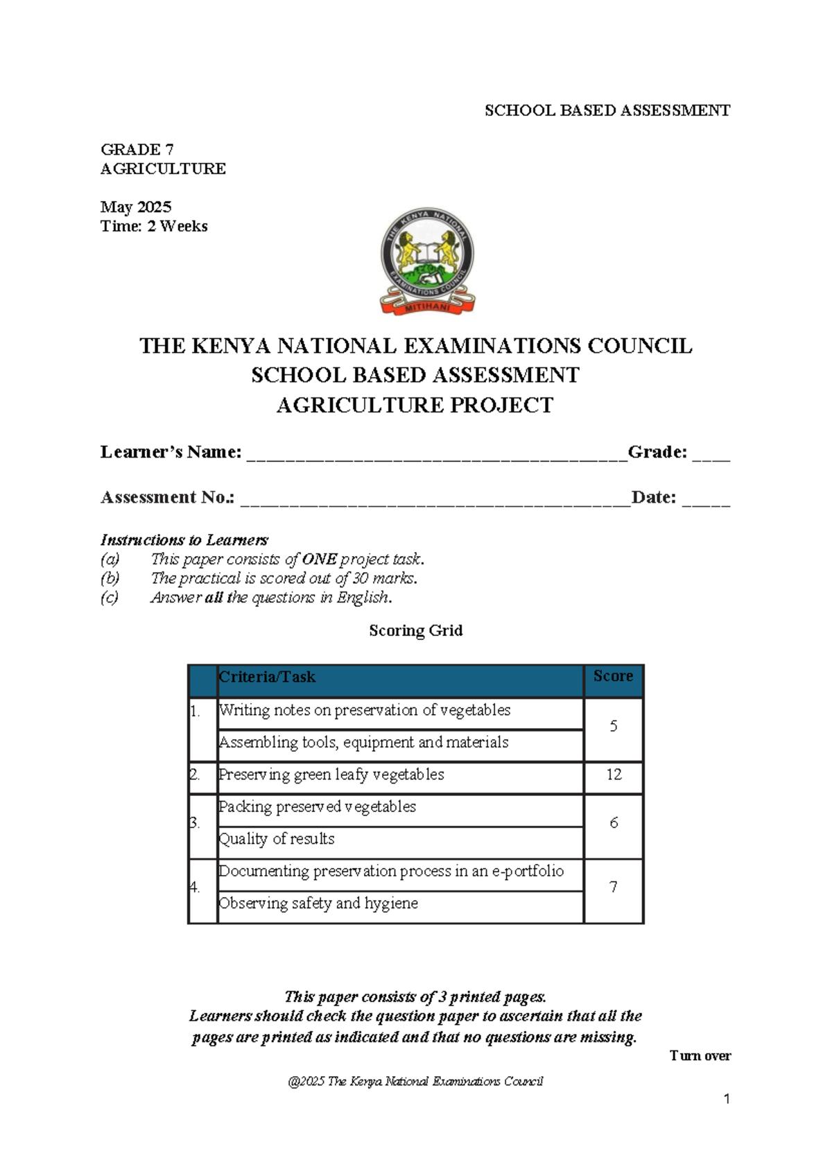 SCHOOL BASED ASSESSMENT GRADE 7 AGRICULTURE PROJECT May 2025 - Studocu