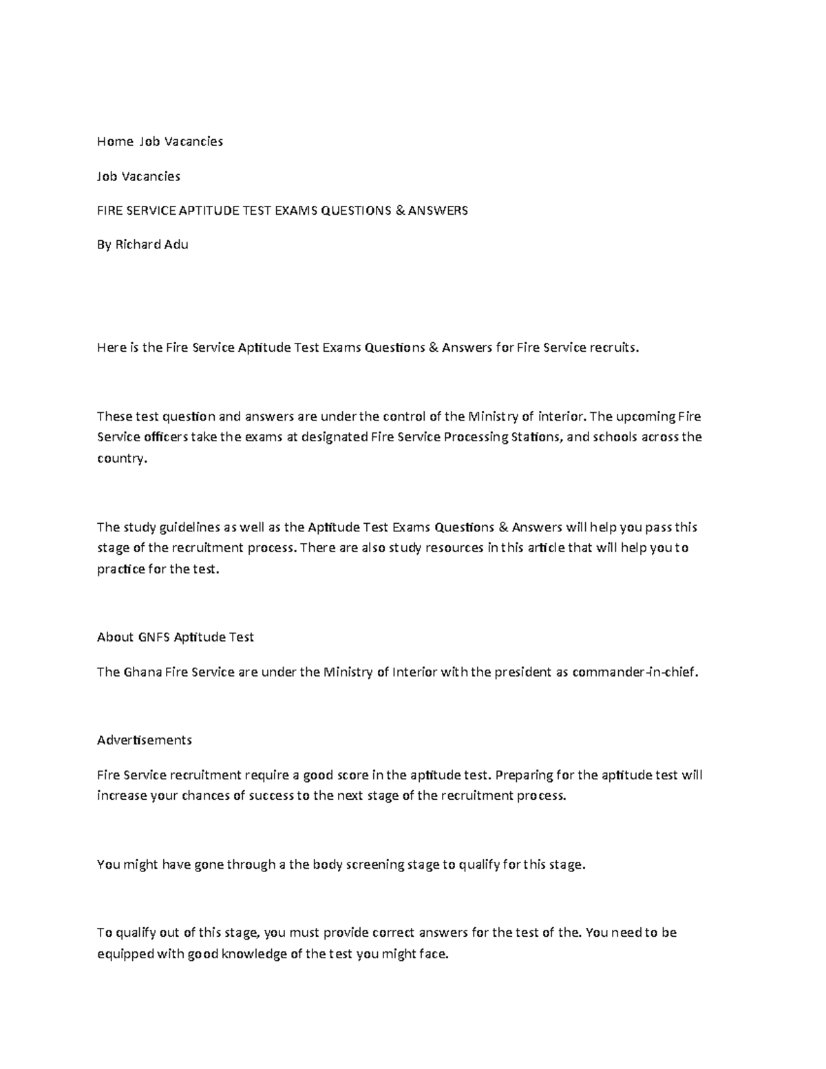 FIRE SERVICE APTITUDE TEST EXAM Q&A - Richard Adu - Studocu