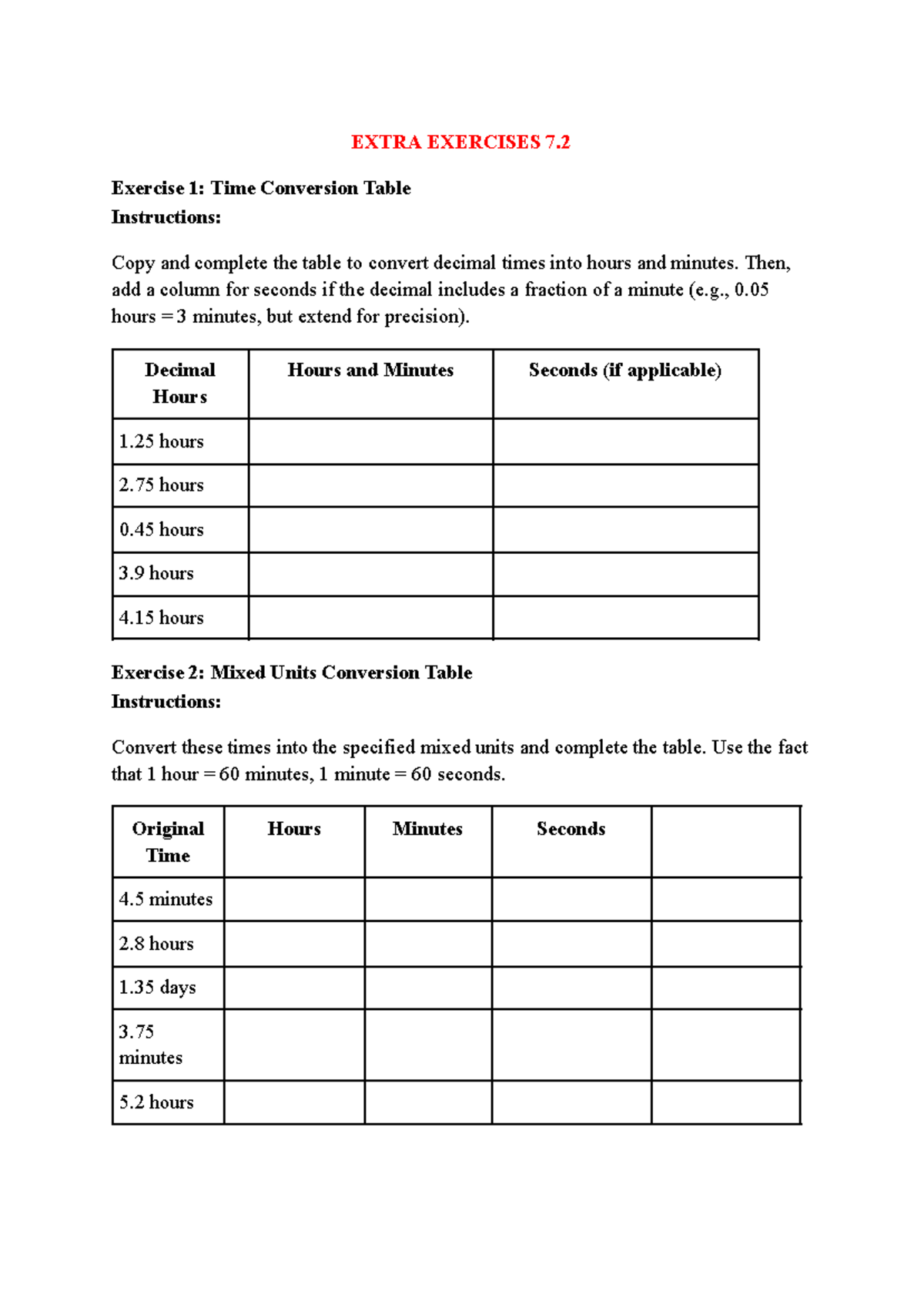 Extra Exercises 7.2: Time & Age Conversion Tables - Studocu