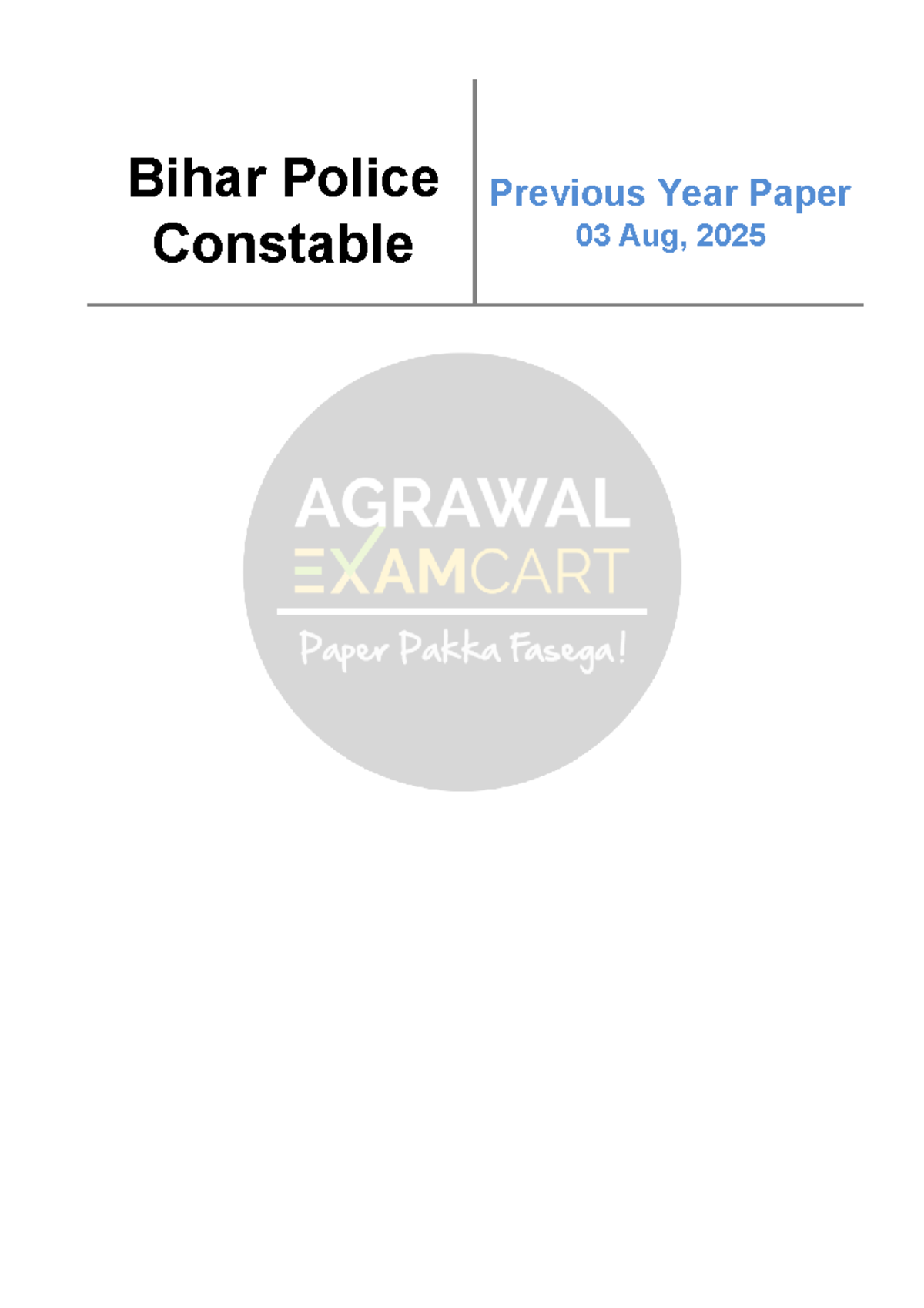 Bihar Police Constable Memory Based Paper - 03 Aug 2025 - Studocu