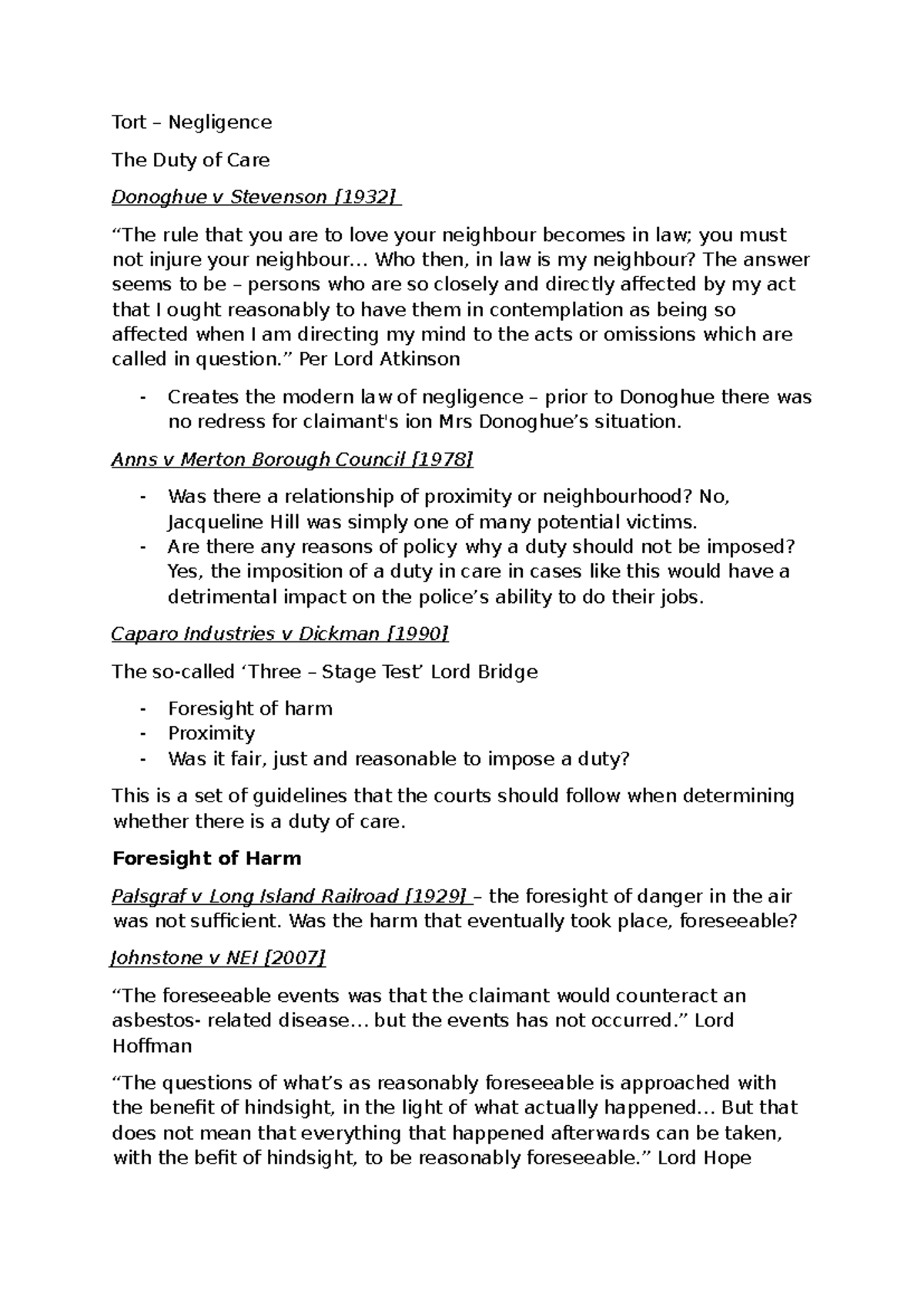 Tort Law (LAW101): Duty of Care & Key Cases in Negligence - Studocu