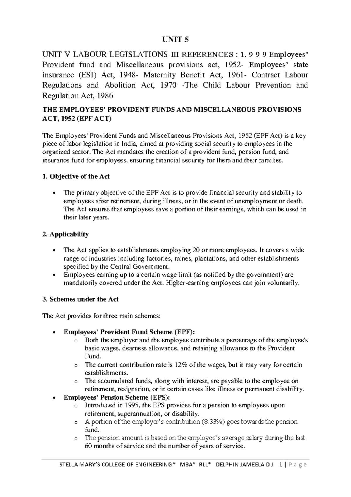 UNIT 5 IRLL - lecture notes for unit 5 - UNIT 5 UNIT V LABOUR ...