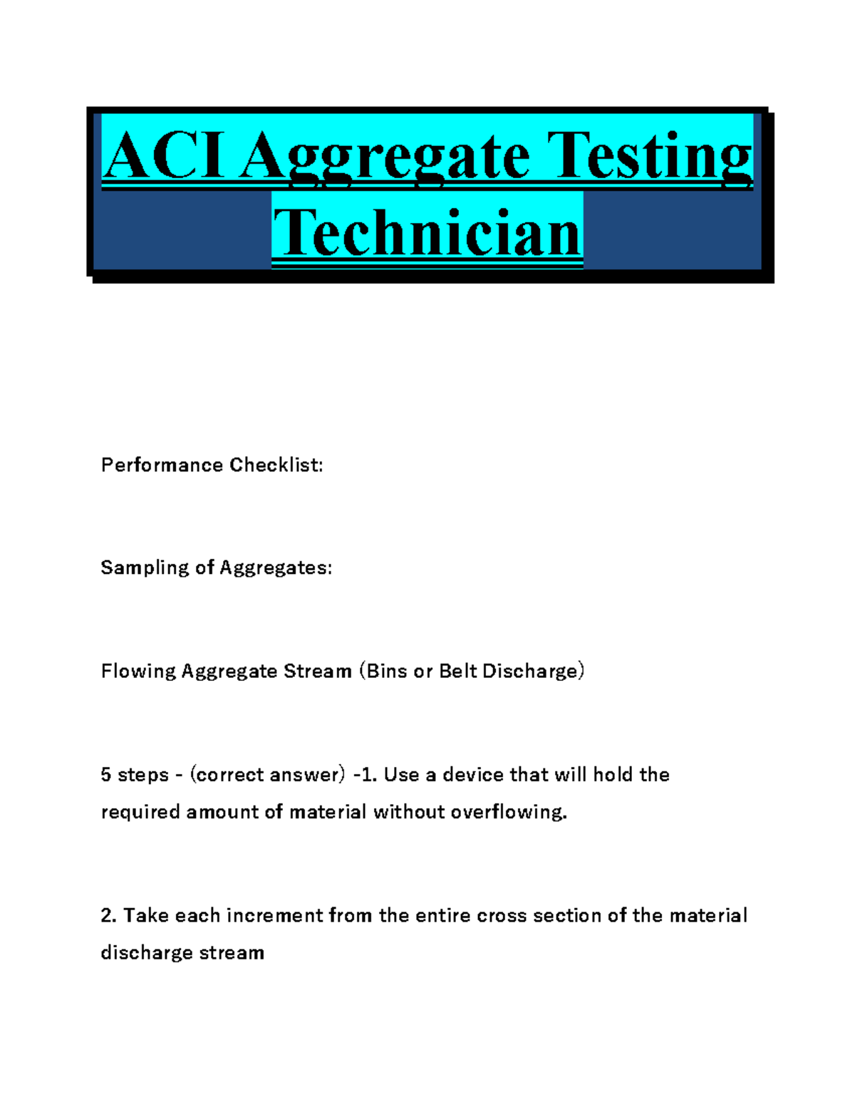 ACI Aggregate Testing Technician: Performance Checklist for Sampling ...