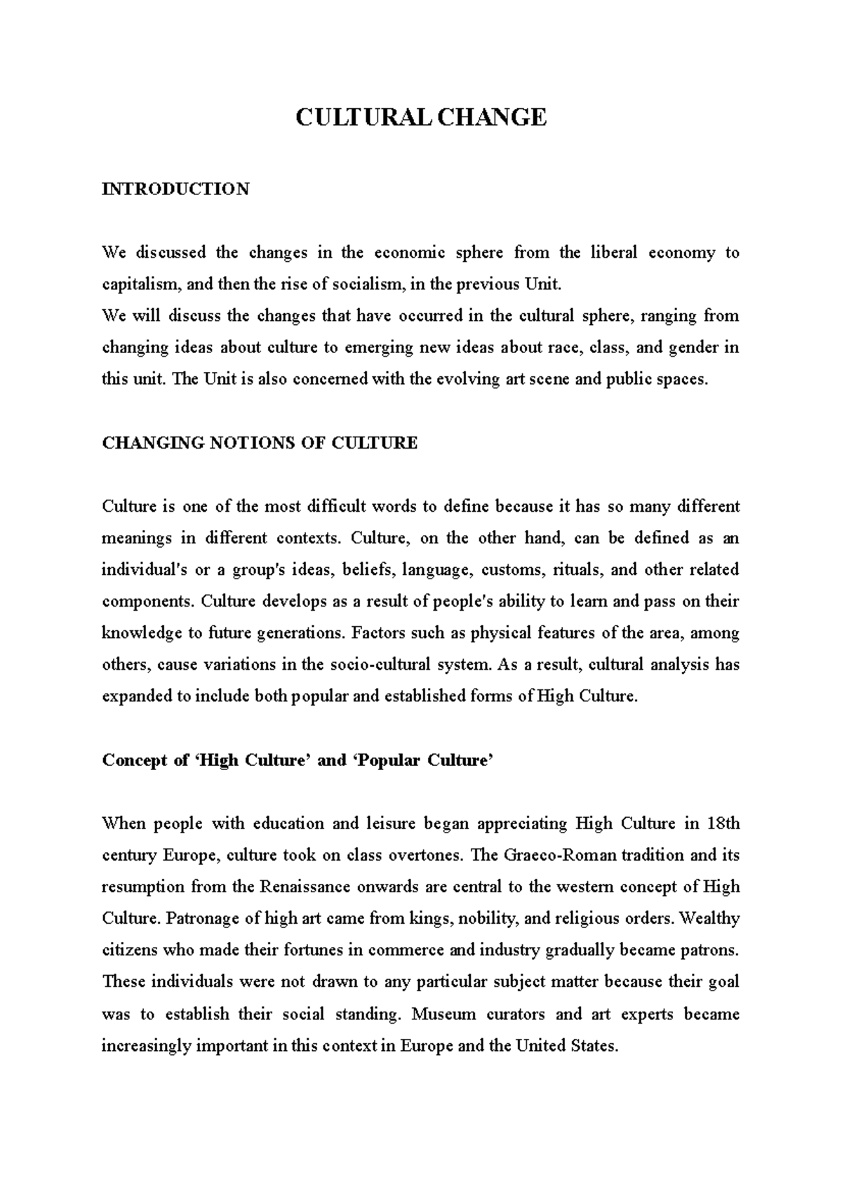 Cultural Change - Lecture notes 7 - CULTURAL CHANGE INTRODUCTION We ...