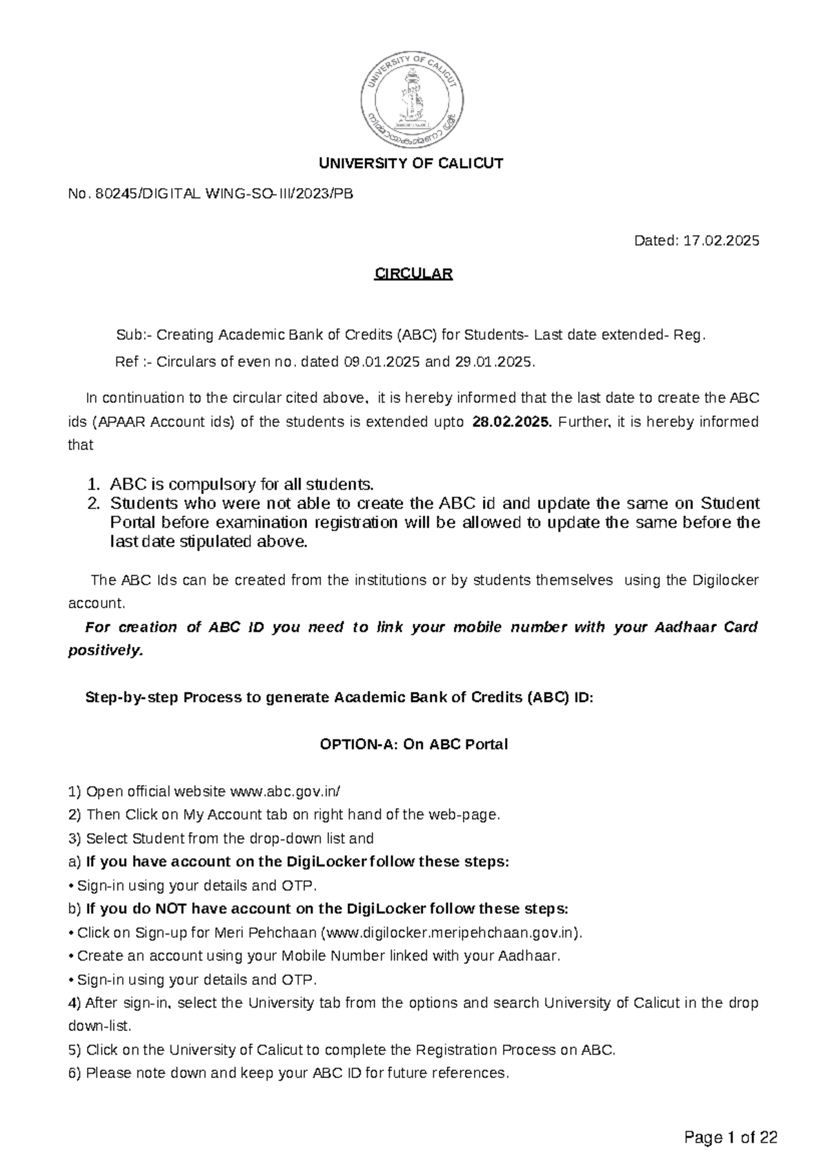 Creating Academic Bank of Credits (ABC) ID - 80245- SO-III Update - Studocu