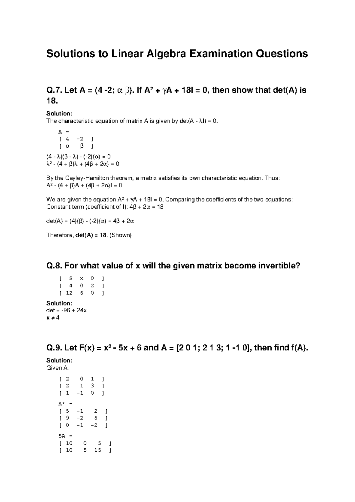 Linear Algebra Solutions: Exam Q&A for Course Code LA101 - Studocu