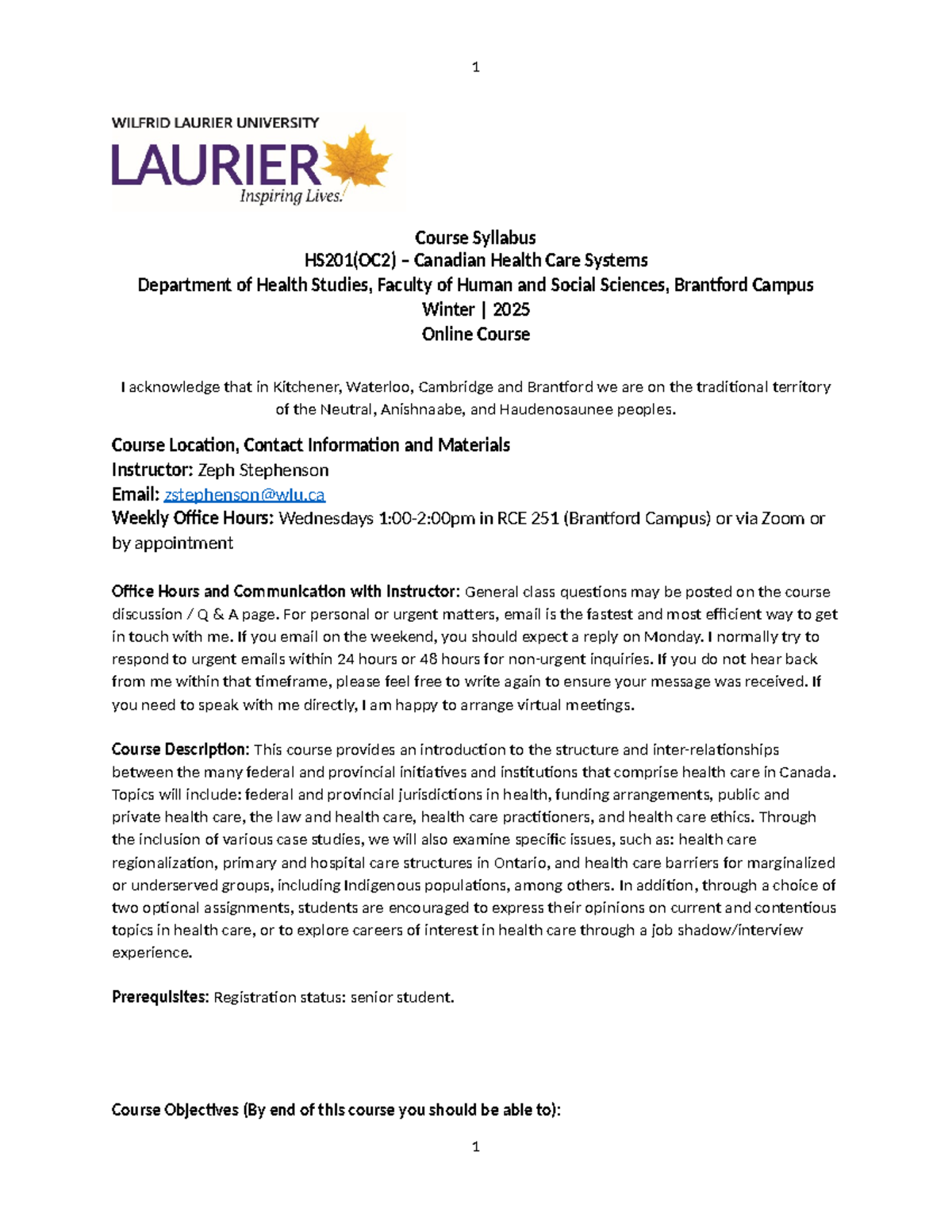 HS201 OC2 - Canadian Health Care Systems Syllabus - Winter 2025 - Studocu