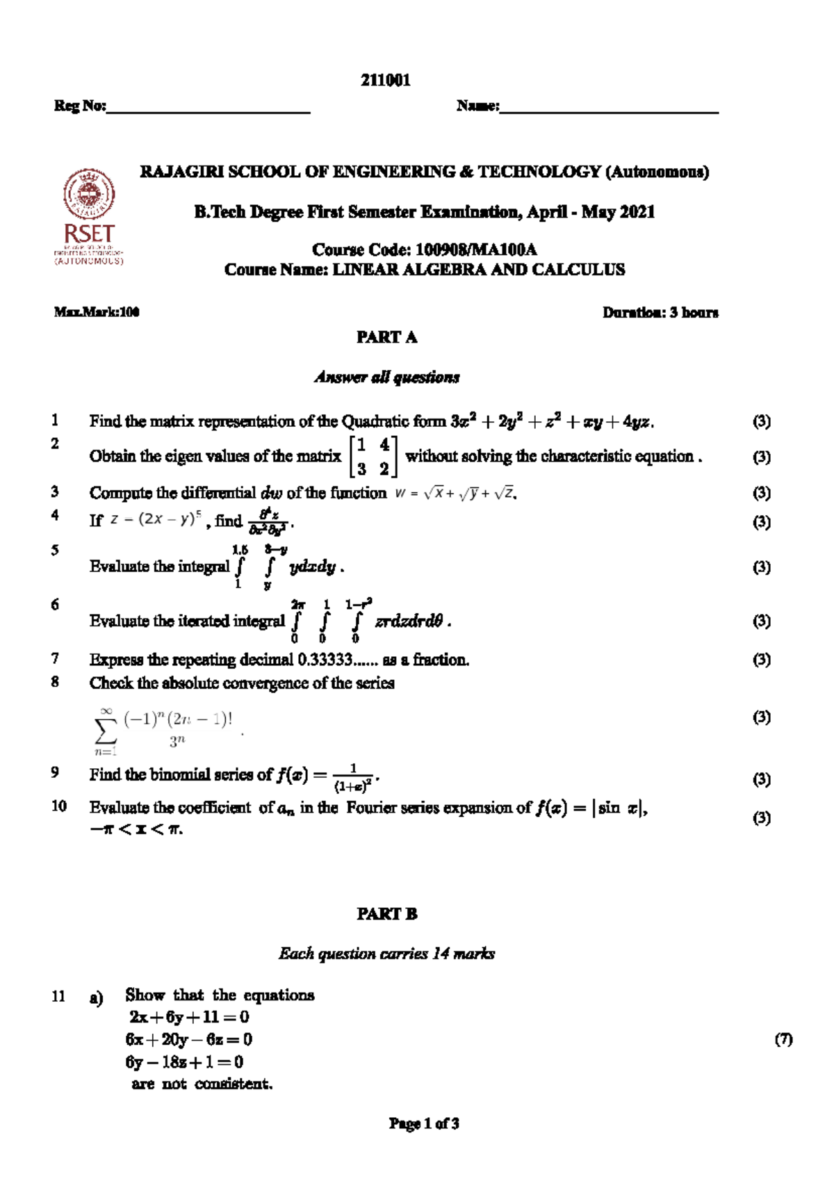 Linear Algebra and Calculus S1 ese qp - Engineering - Studocu