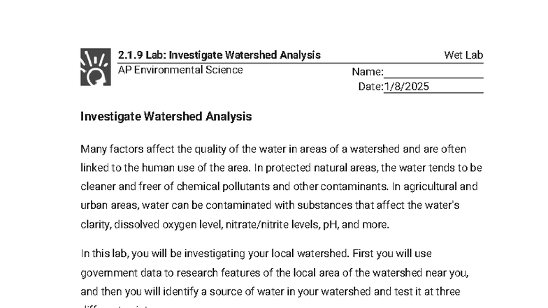 2.1.9 Lab - Watershed Analysis Investigation (Wet Lab) Guide - Studocu