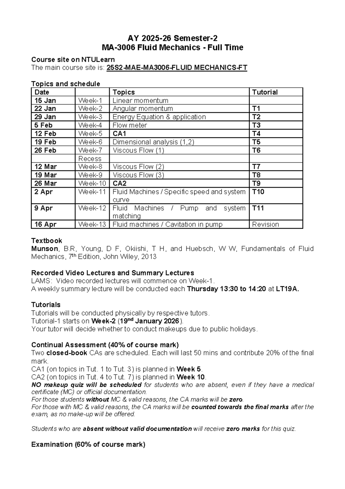 MA3006 25S2 Fluid Mechanics Full Course Overview and Schedule - Studocu