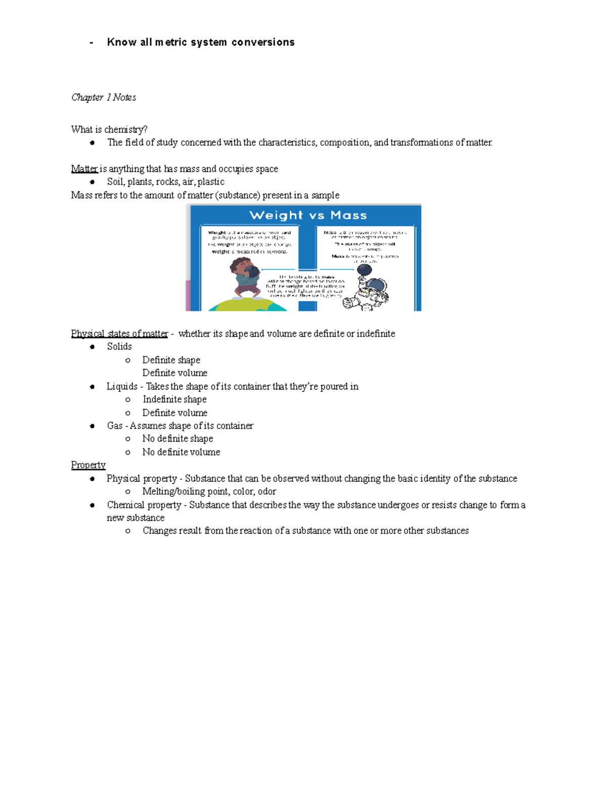 CHM 1020 Exam 1 Notes: Understanding Matter & Metric Conversions - Studocu