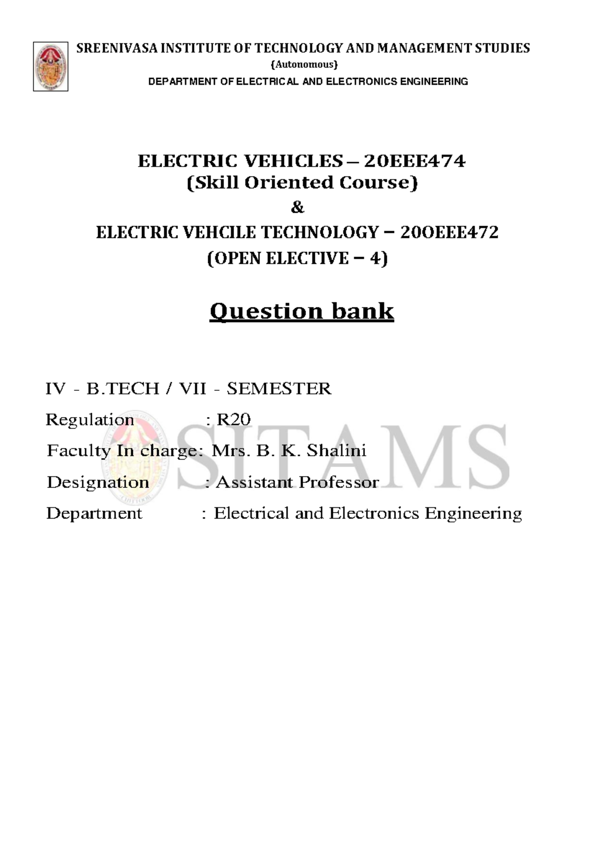 EV and EVT Question Bank for IV B.Tech VII Semester R20 - Studocu