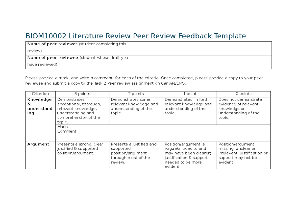 BIOM10002 Literature Review Peer Review Feedback Template Guide - Studocu