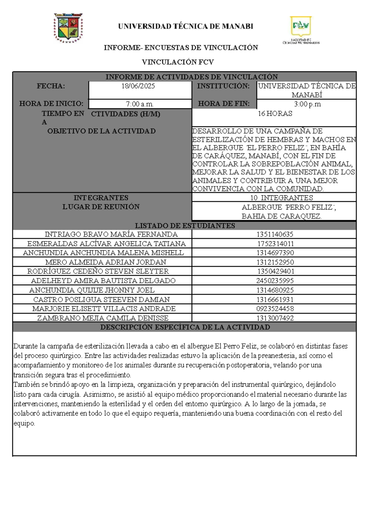 Informe de Actividades de Vinculación FCV: Campaña de Esterilización ...