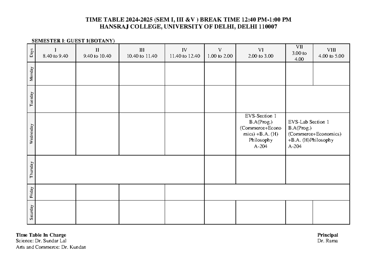 Final EVS Time Table for Semester I & III - Hansraj College 2024 - Studocu