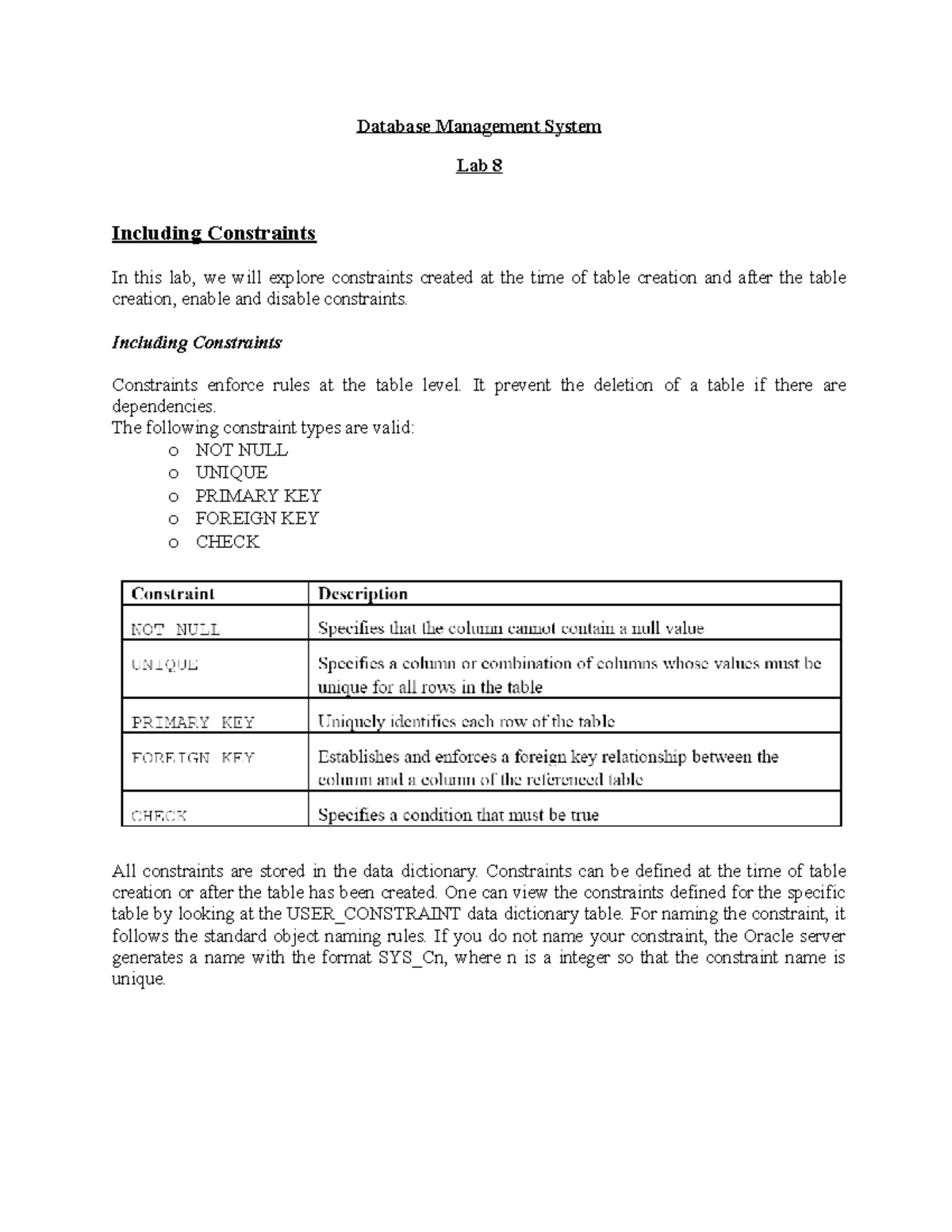 DB Lab 7: Exploring and Implementing Table Constraints - Studocu