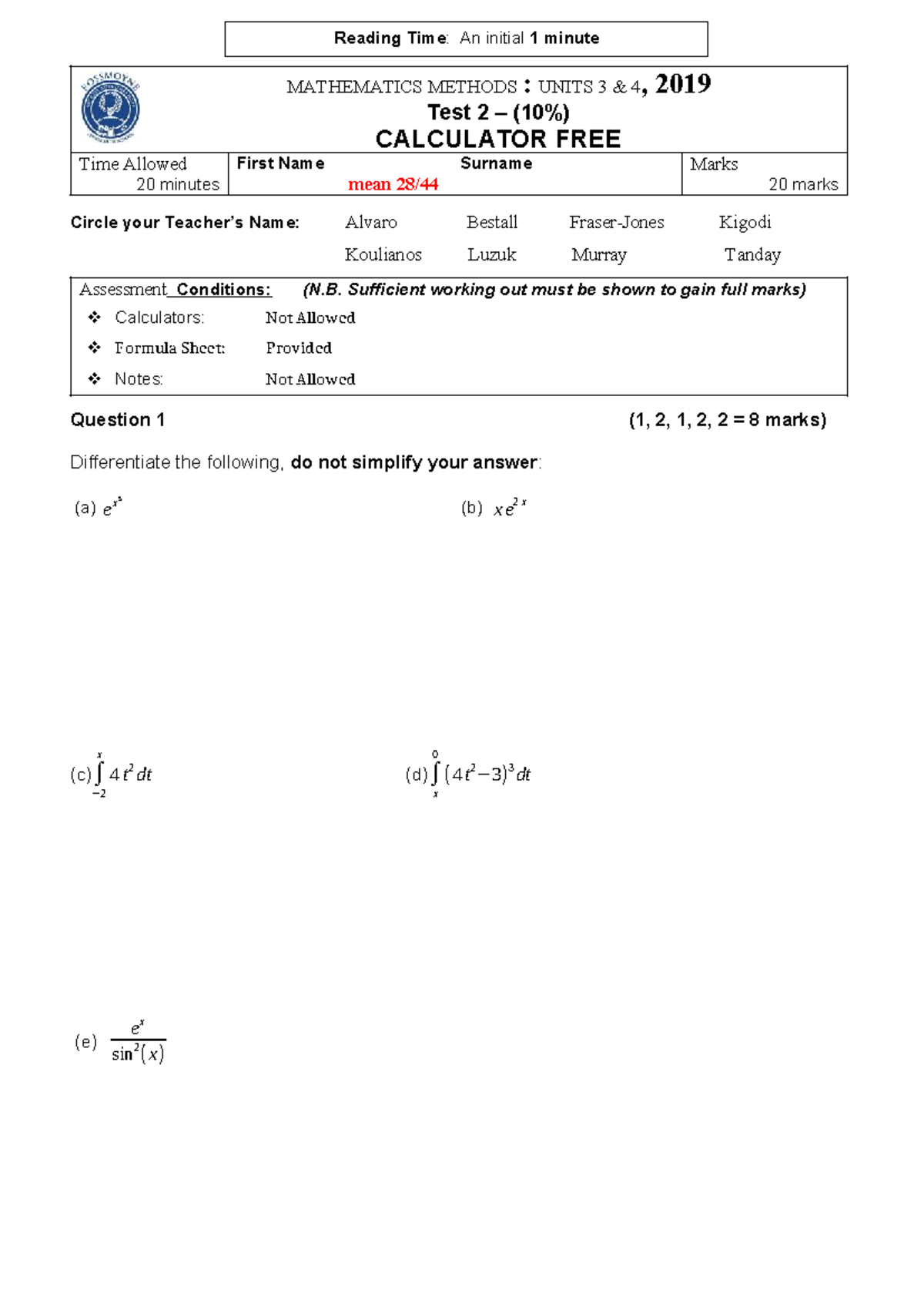 MATHEMATICS METHODS: UNITS 3 4, 2019 Test 2 Practice Exam - Studocu