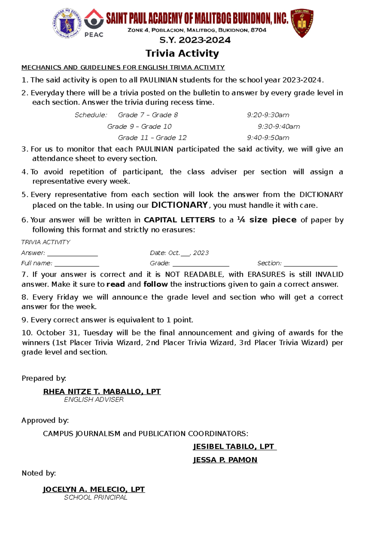 English Trivia Activity Mechanics and Guidelines 2023-2024 - Studocu