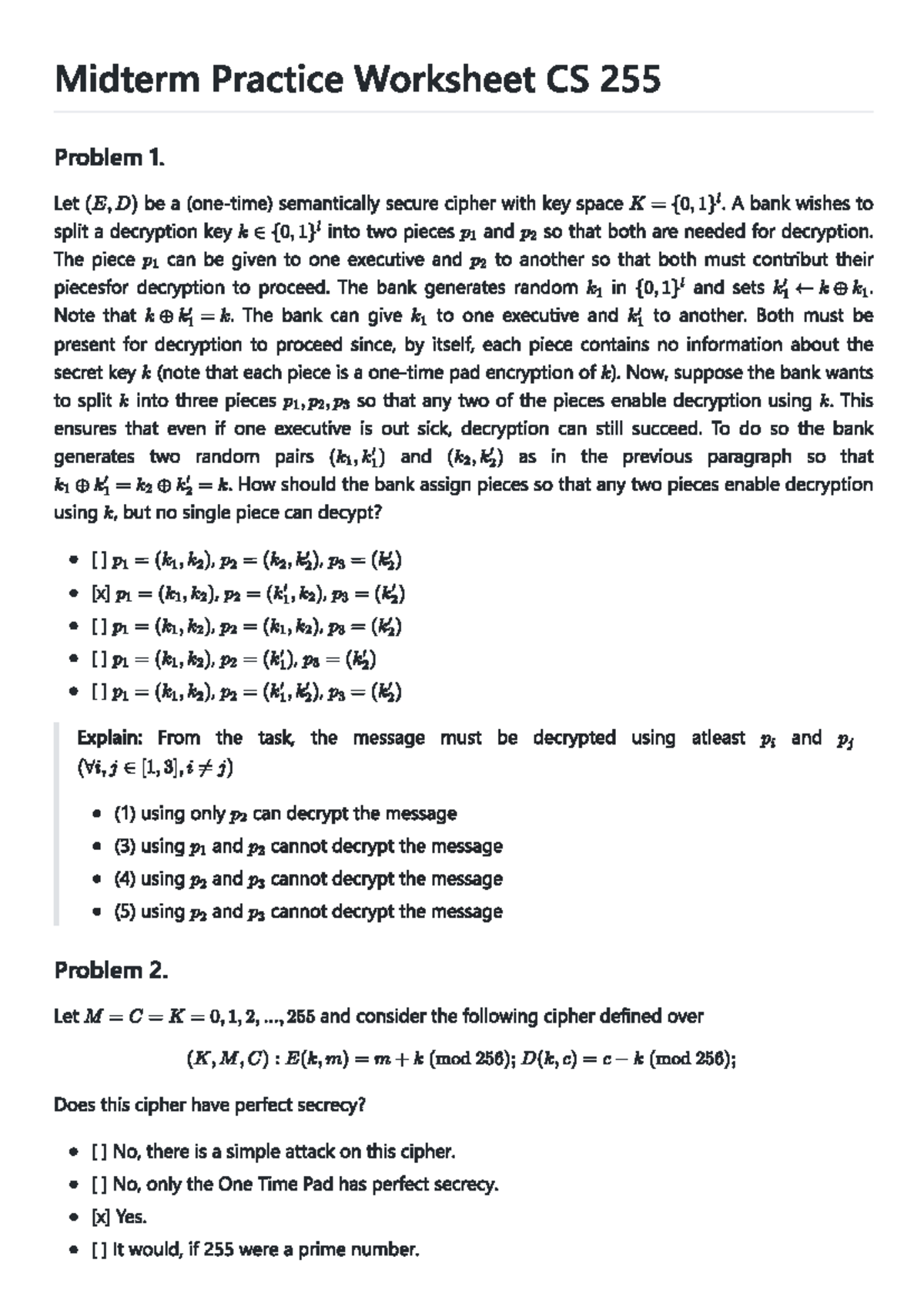 Ôn tập giữa kì - Midterm Practice Worksheet CS 255 Problem 1. Let (E,D ...