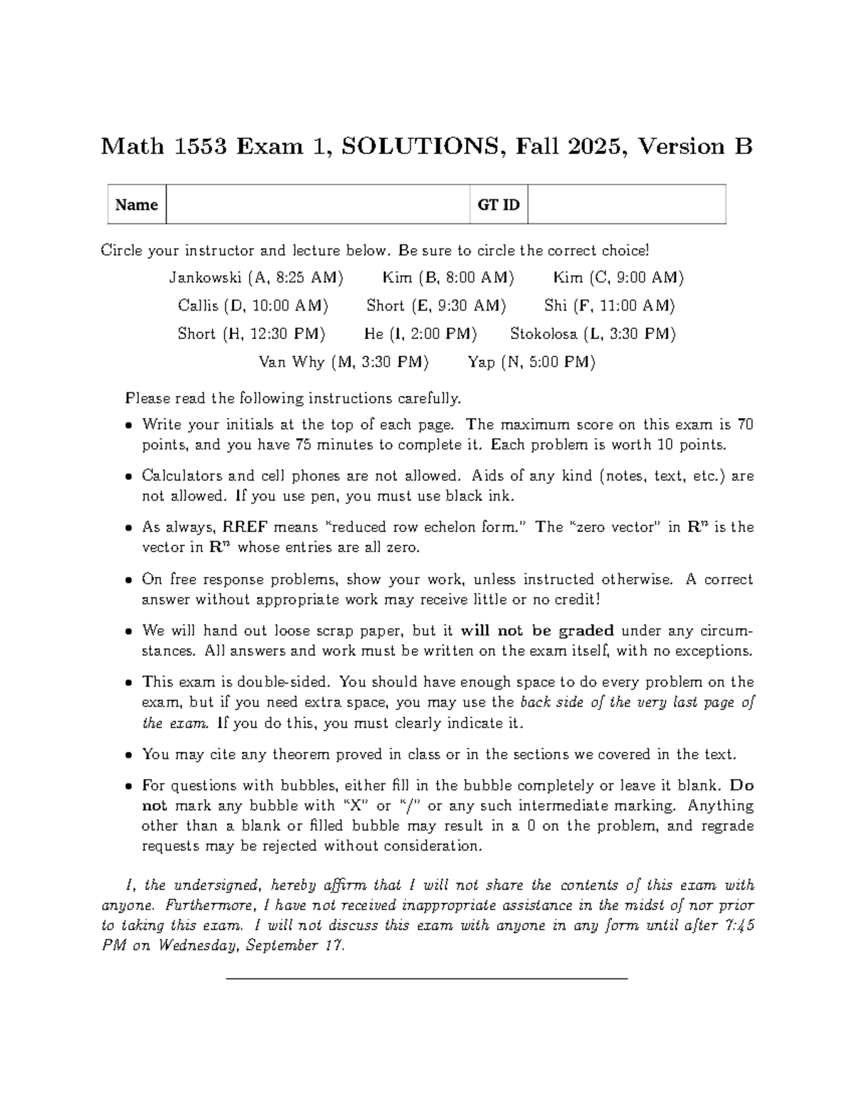 Math 1553 Exam 1 Solutions, Fall 2025, Version B - Studocu