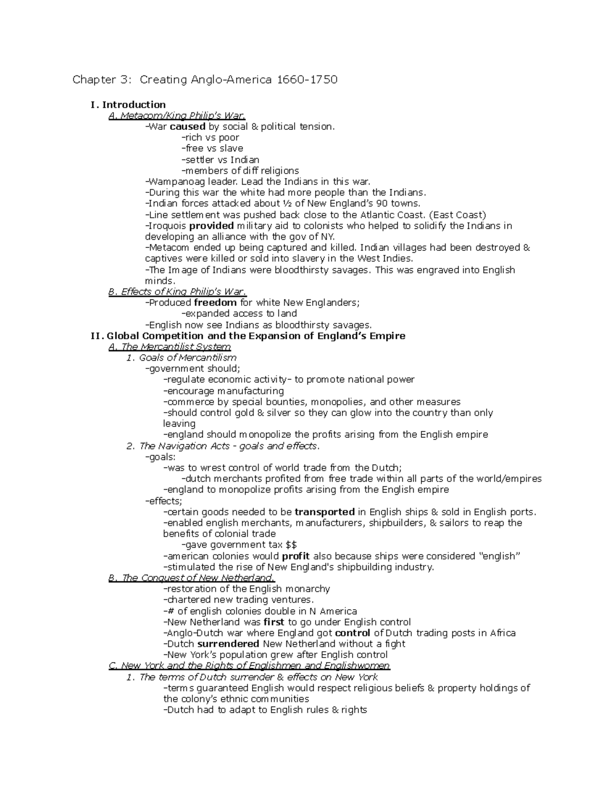 Chapter 3 APUSH Study Notes: Creating Anglo-America 1660-1750 - Studocu
