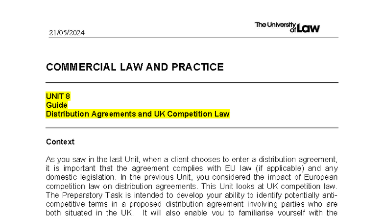 COMMERCIAL LAW AND PRACTICE UNIT 8: UK Competition Law \u0026 Distribution Agreements - Studocu