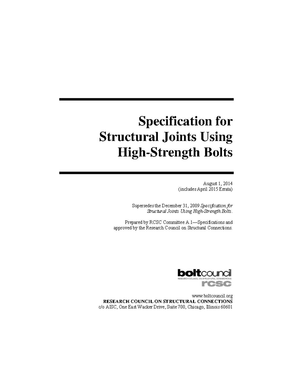 RCSC 2014 Specification for Structural Joints Using Bolts - Studocu