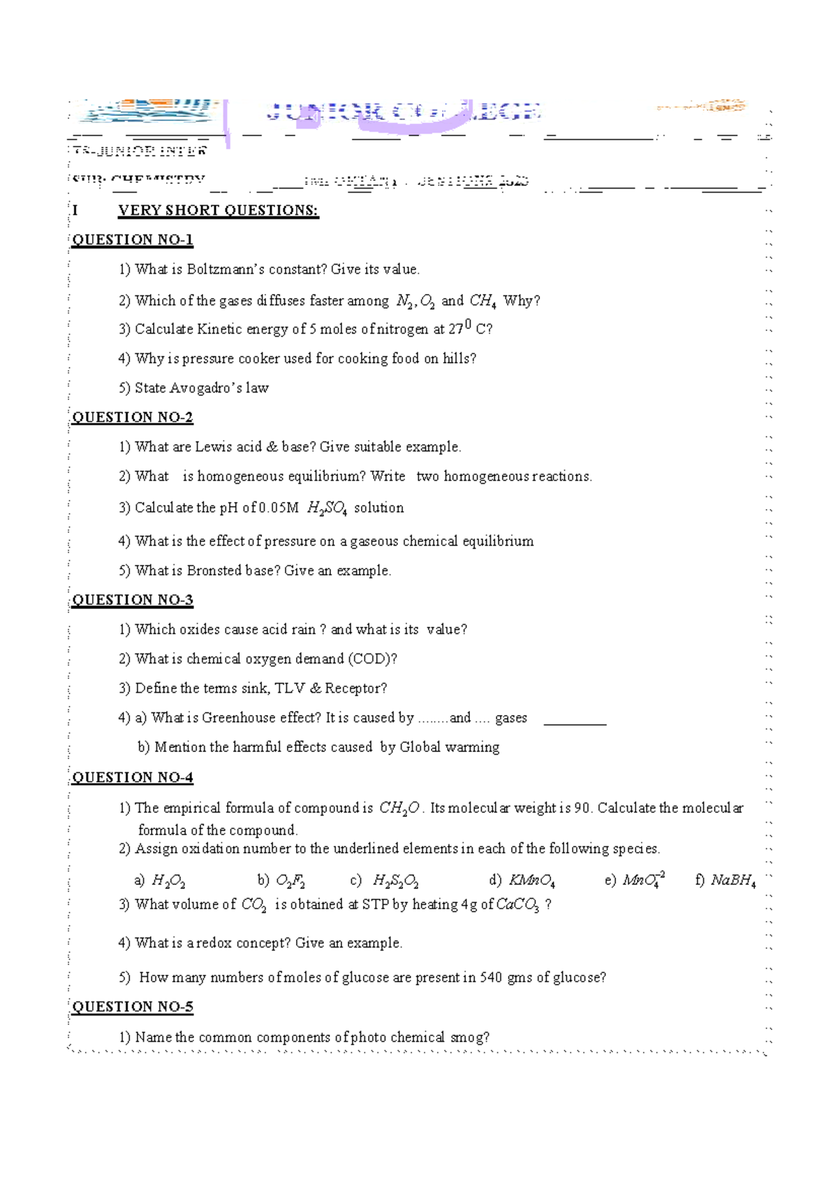 CHEM 101: Important Short Questions for Chemistry I Exam Prep - Studocu