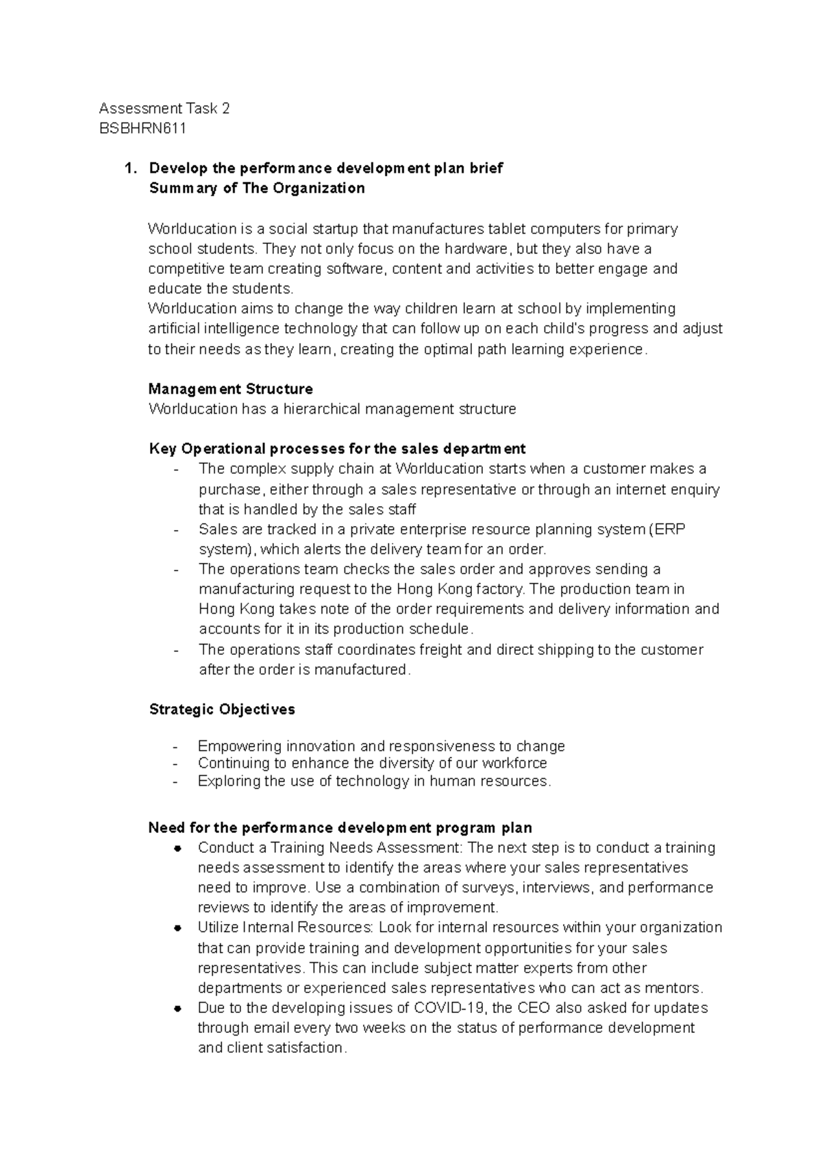 BSBHRM614 Task 2 - Performance Development Plan Overview - Studeersnel
