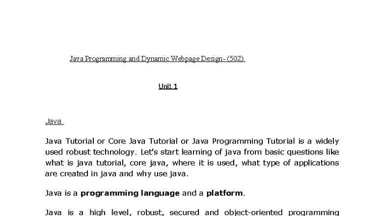 Java Programming Tutorial (502) - Unit 1 Overview and Concepts - Studocu