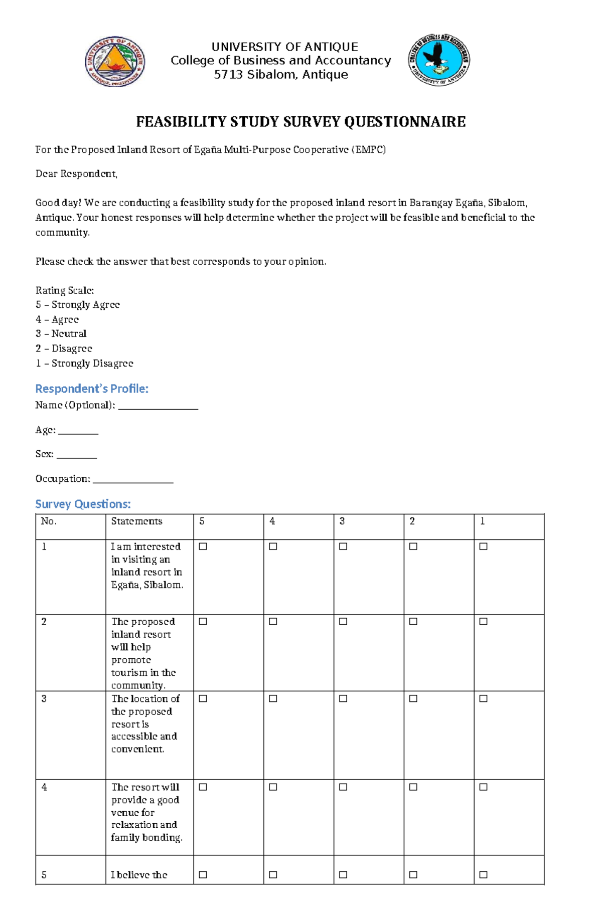 FEASIBILITY STUDY SURVEY QUESTIONNAIRE for EMPC Resort Project - Studocu