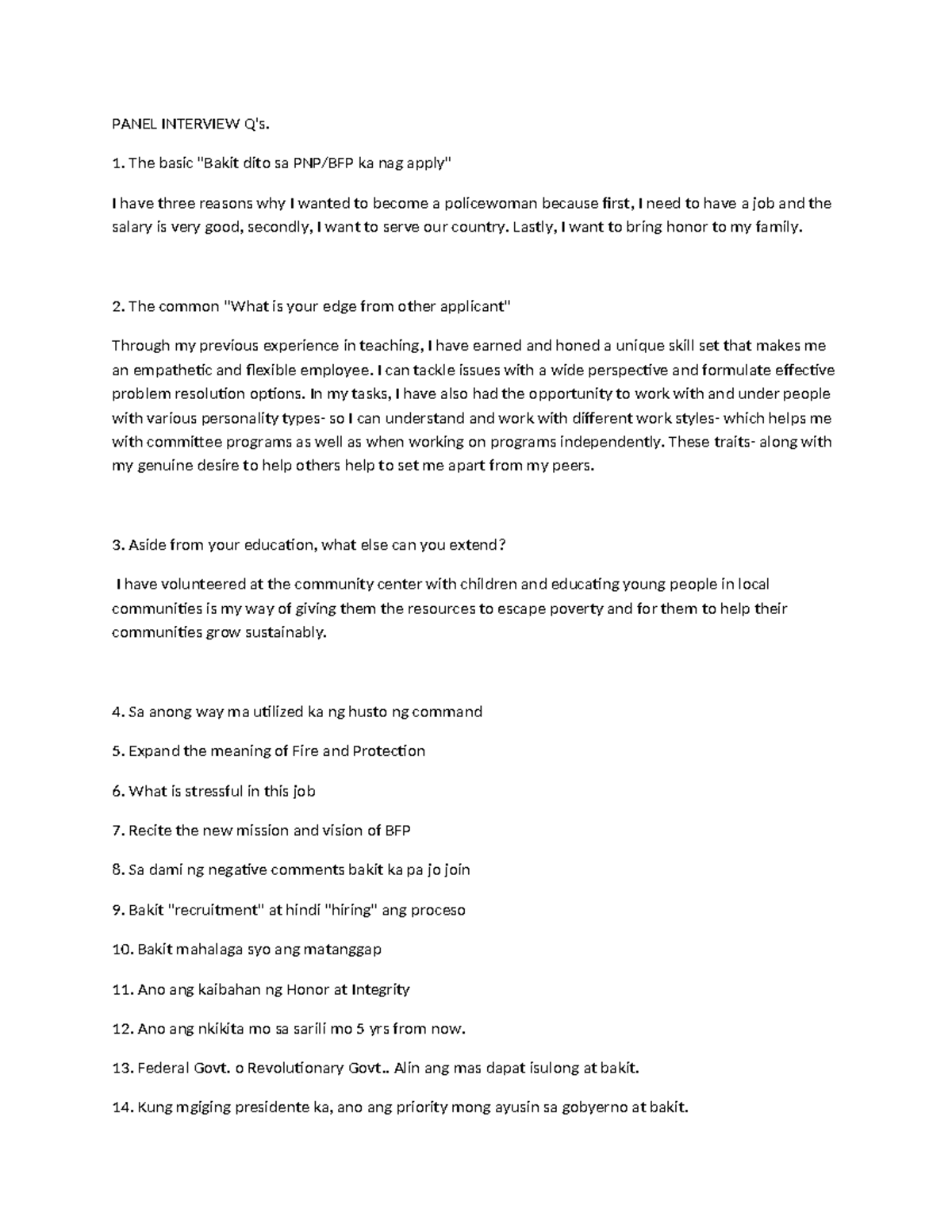 Panel Interview - Final Exam Questions for PNP/BFP Applicants - Studocu