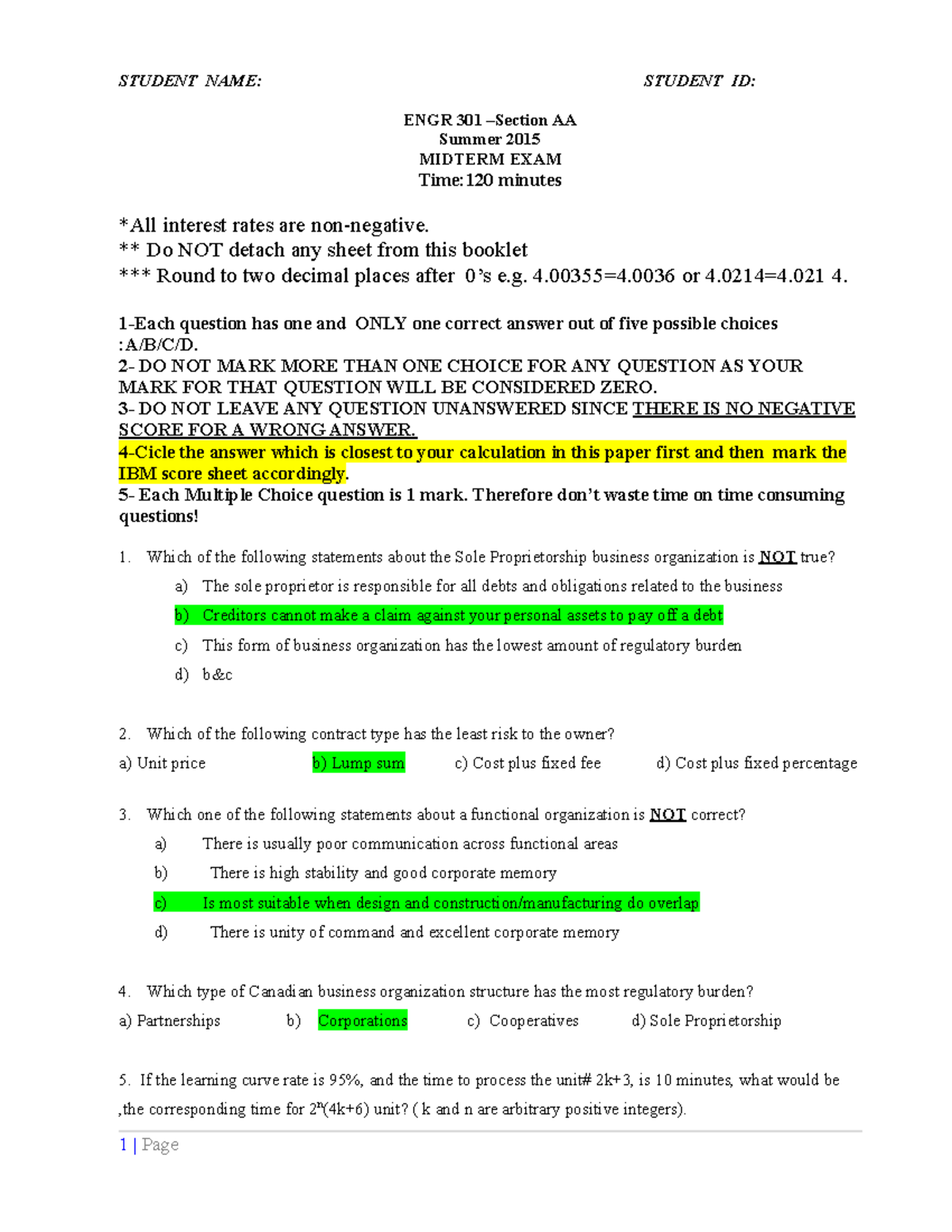 Solution Midterm EXAM Summer -2015 ( Finalized) - STUDENT NAME: STUDENT ...
