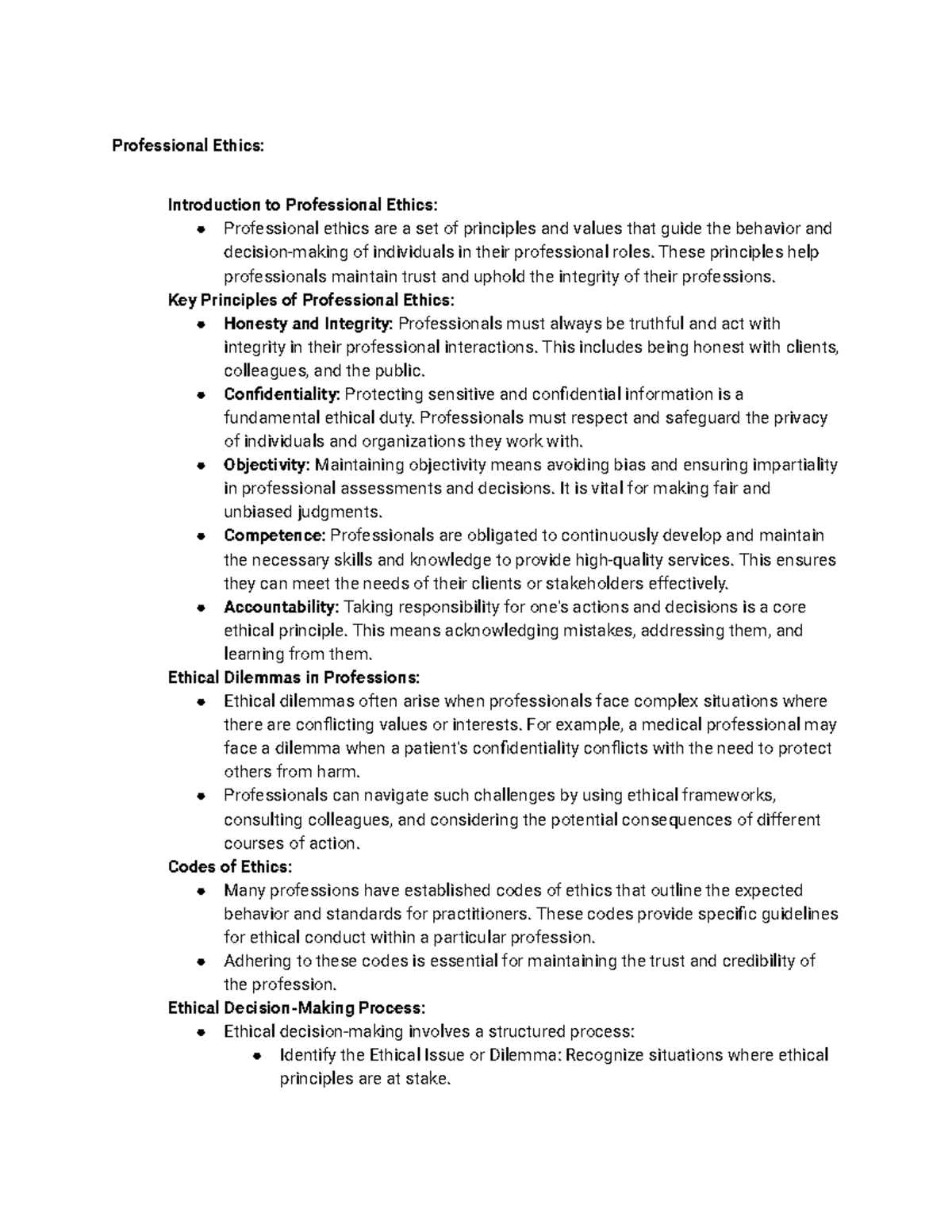 Professional Ethics: Introductory Notes and Key Principles - Studocu