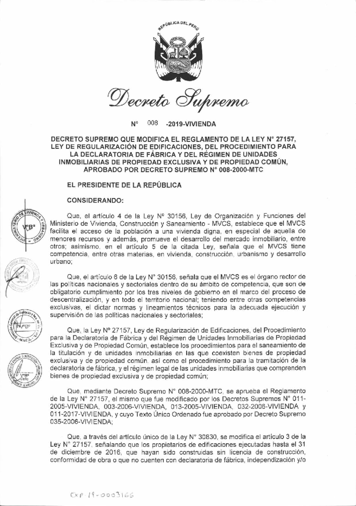 Modificación del Reglamento de la Ley 27157: Decreto Supremo 008 - Studocu