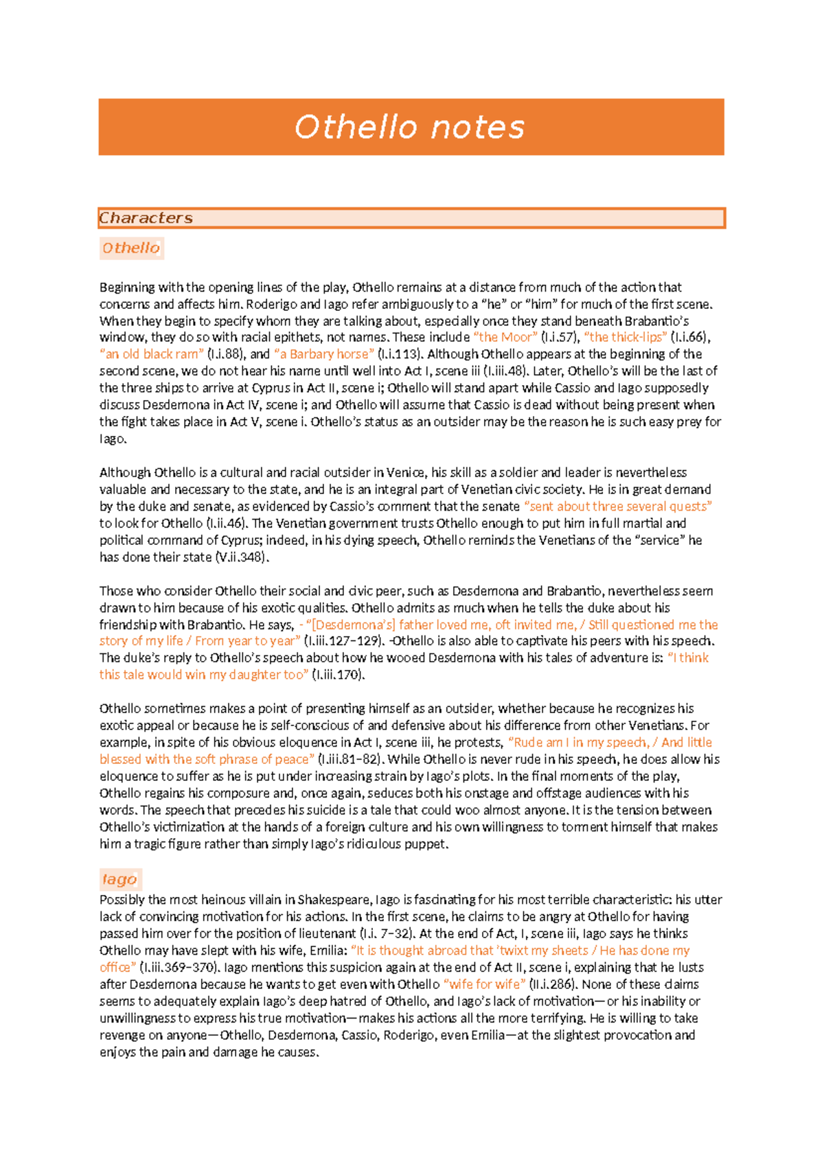 Othello Character Analysis Notes (ENG 201) - Studocu