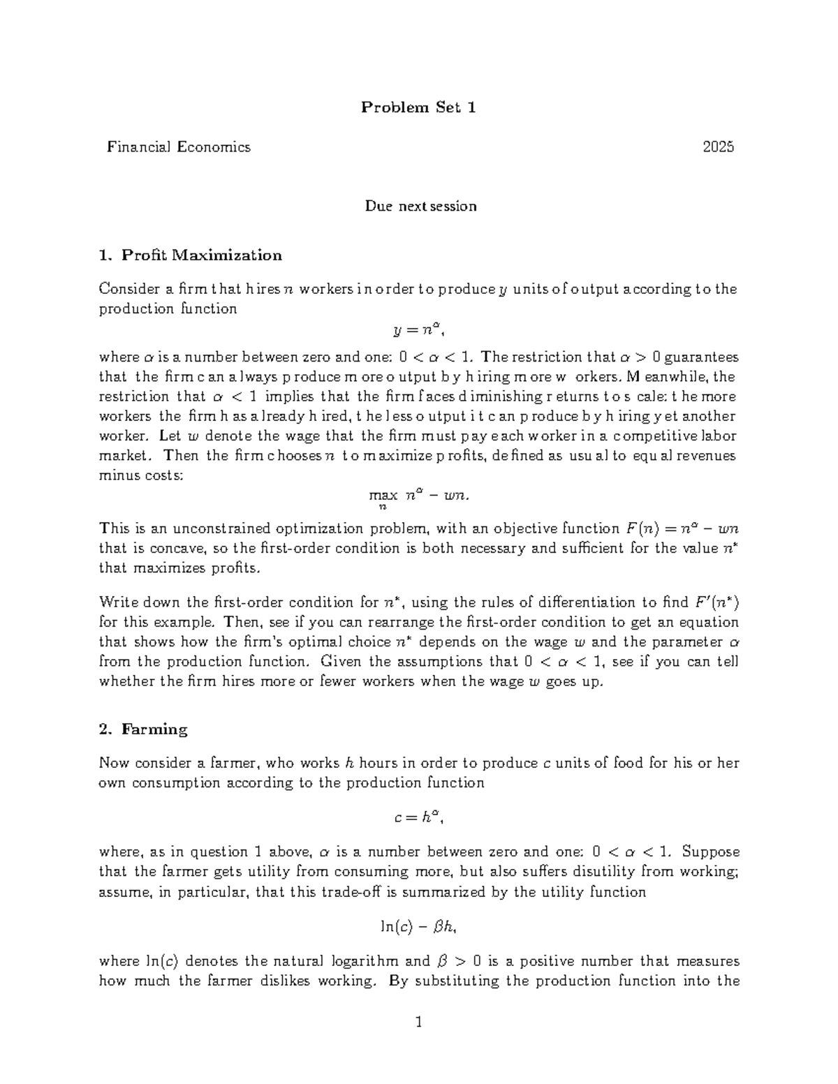 Problem Set 1: Profit Maximization in Financial Economics (ECO4053 ...