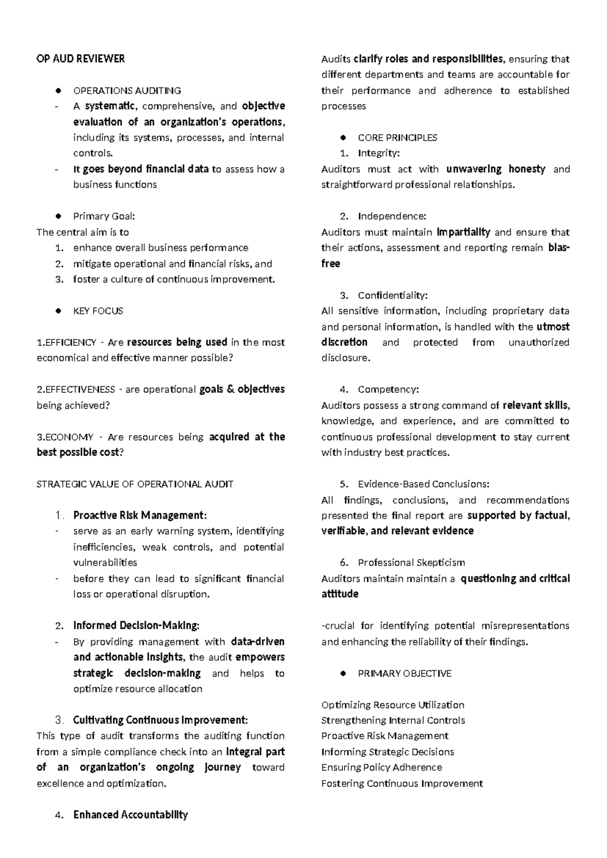 OP AUD 101: Comprehensive Review Notes on Operations Auditing - Studocu