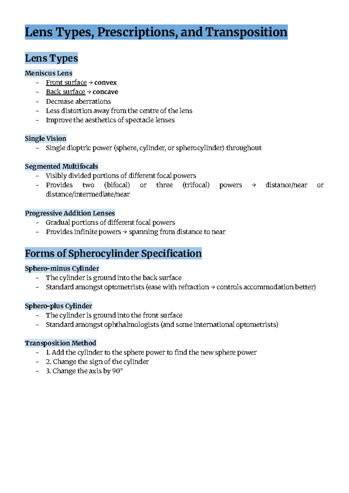 Lens Types and Prescriptions: A Guide to Transposition Techniques - Studocu