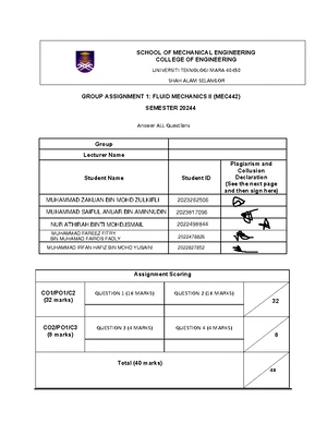 MEC442 Fluid Mechanics II Group Assignment 2 - June 2025 - Studocu