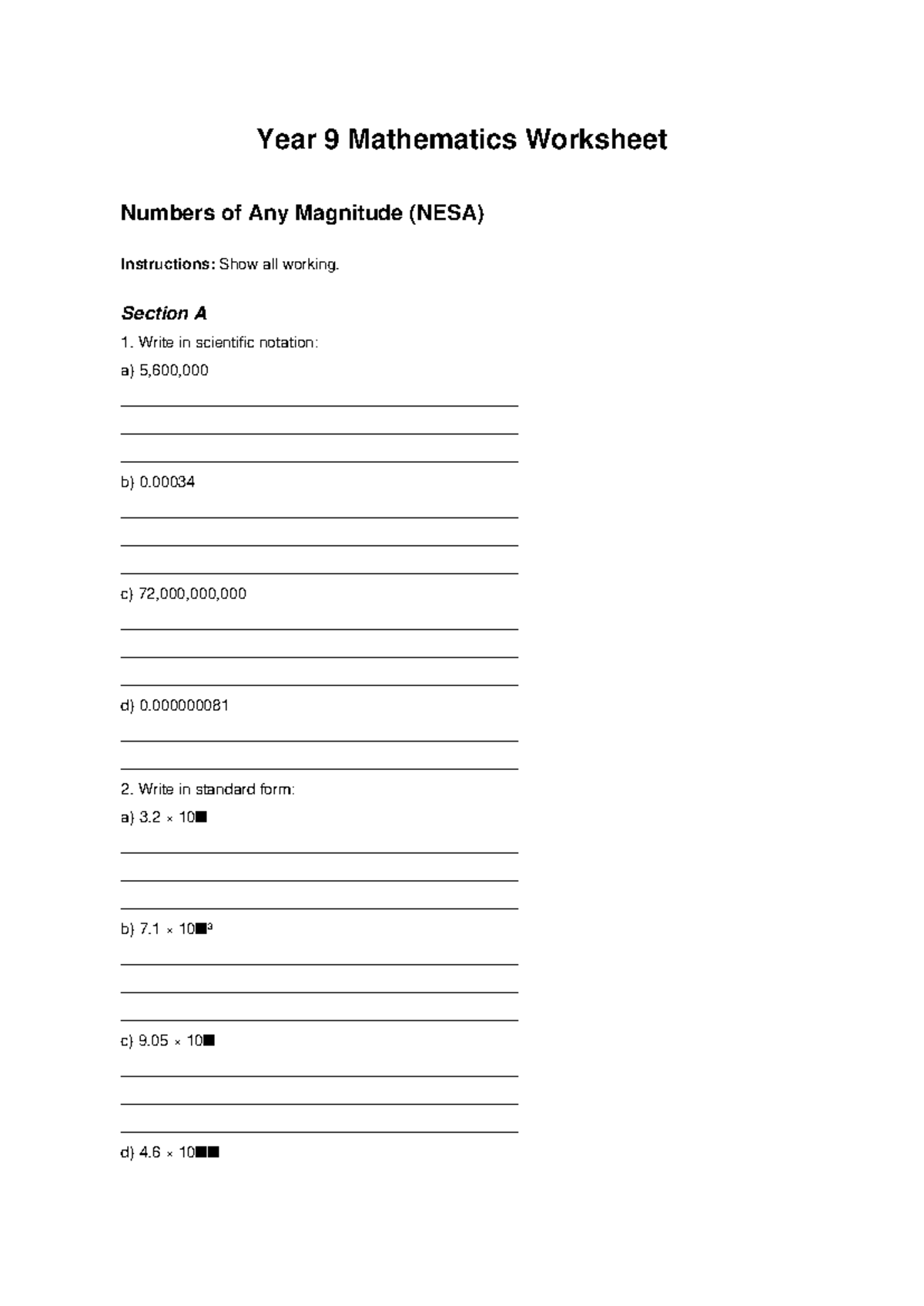 Year 9 Mathematics Worksheet: Numbers of Any Magnitude (NESA) - Studocu