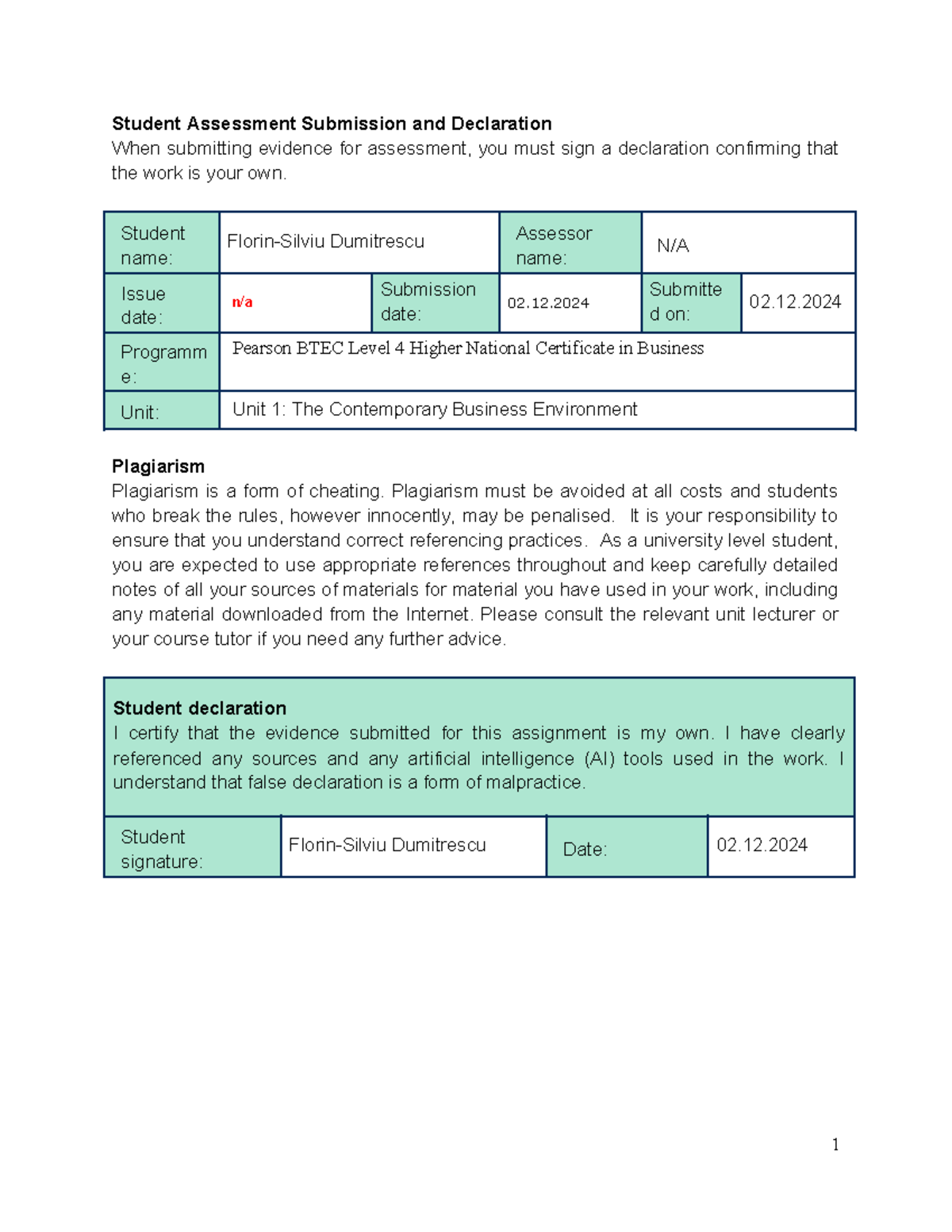 Unit 1 Writing - unit 1 - Student Assessment Submission and Declaration ...