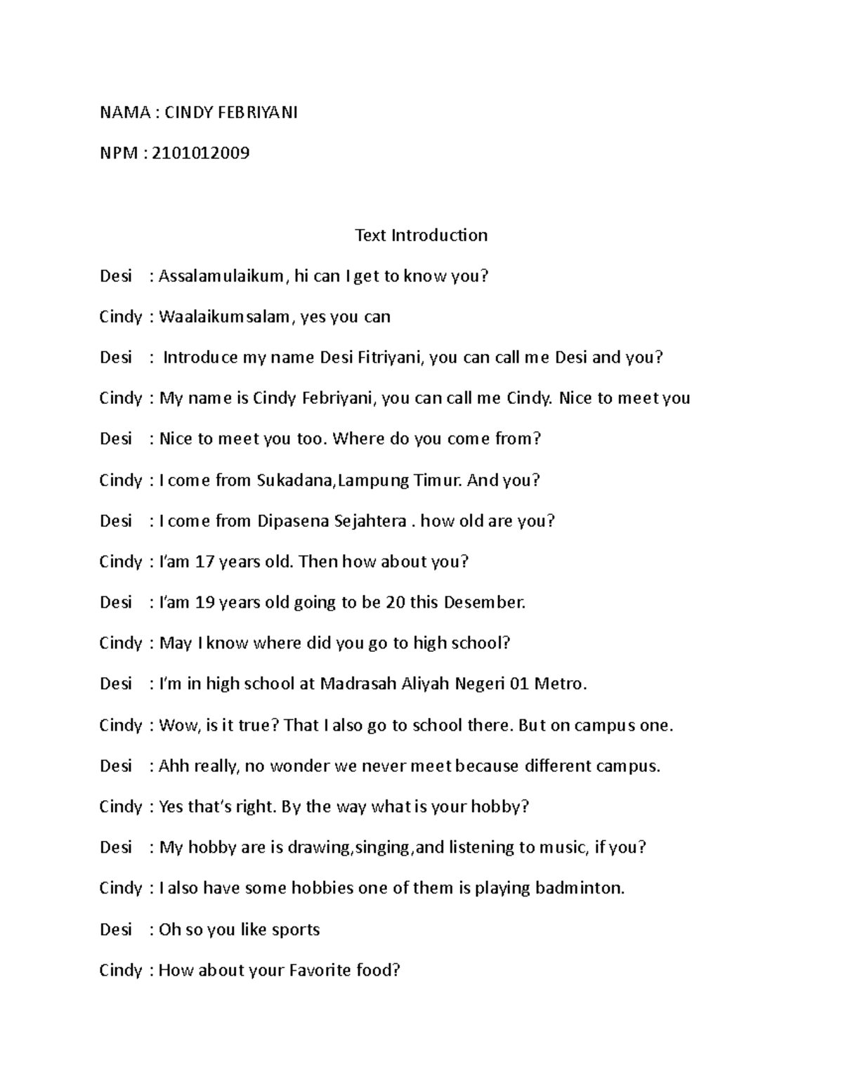 Text Introduction - Teks Perkenalan by Cindy Febriyani (NPM: 2101012009 ...