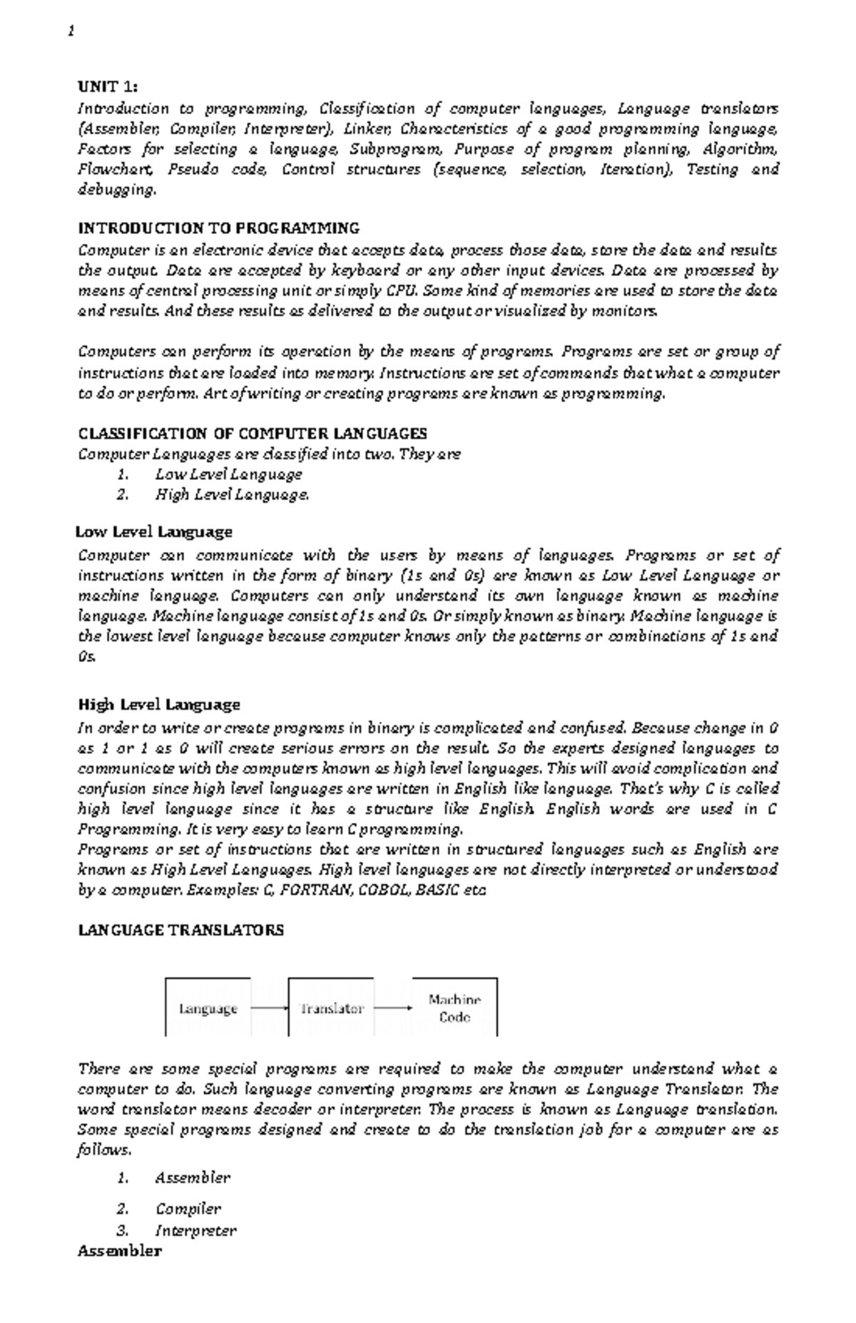 Module 1 - UNIT 1: Introduction to programming, Classification of ...