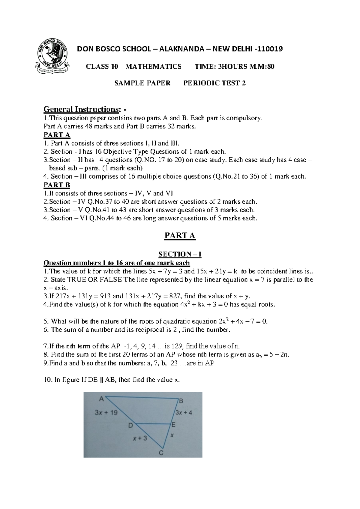 Class 10 PT2 - Maths Sample Paper with Solutions and Marks Distribution ...
