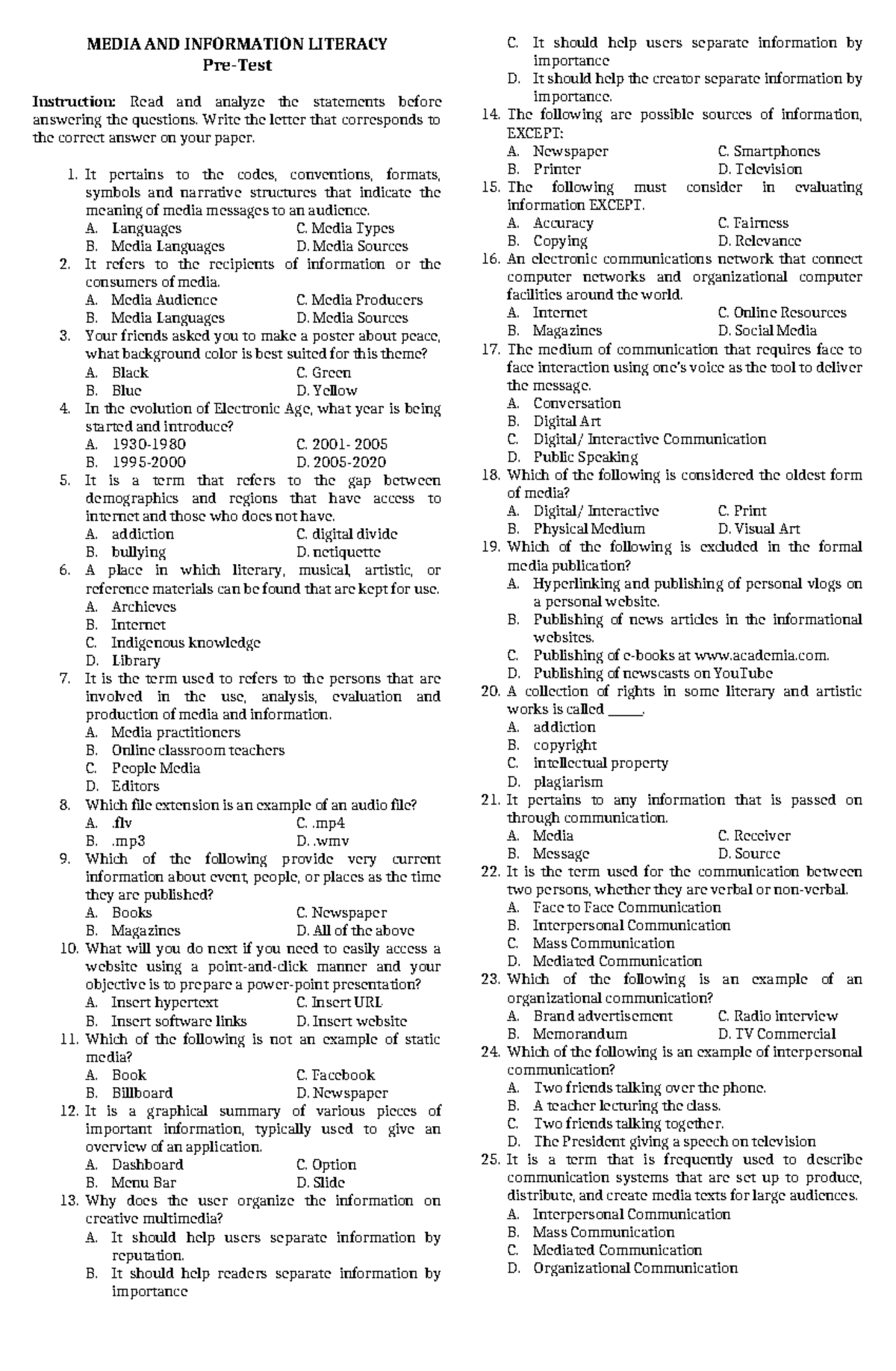 MIL Pre Test - Understanding Media and Information Literacy Concepts ...